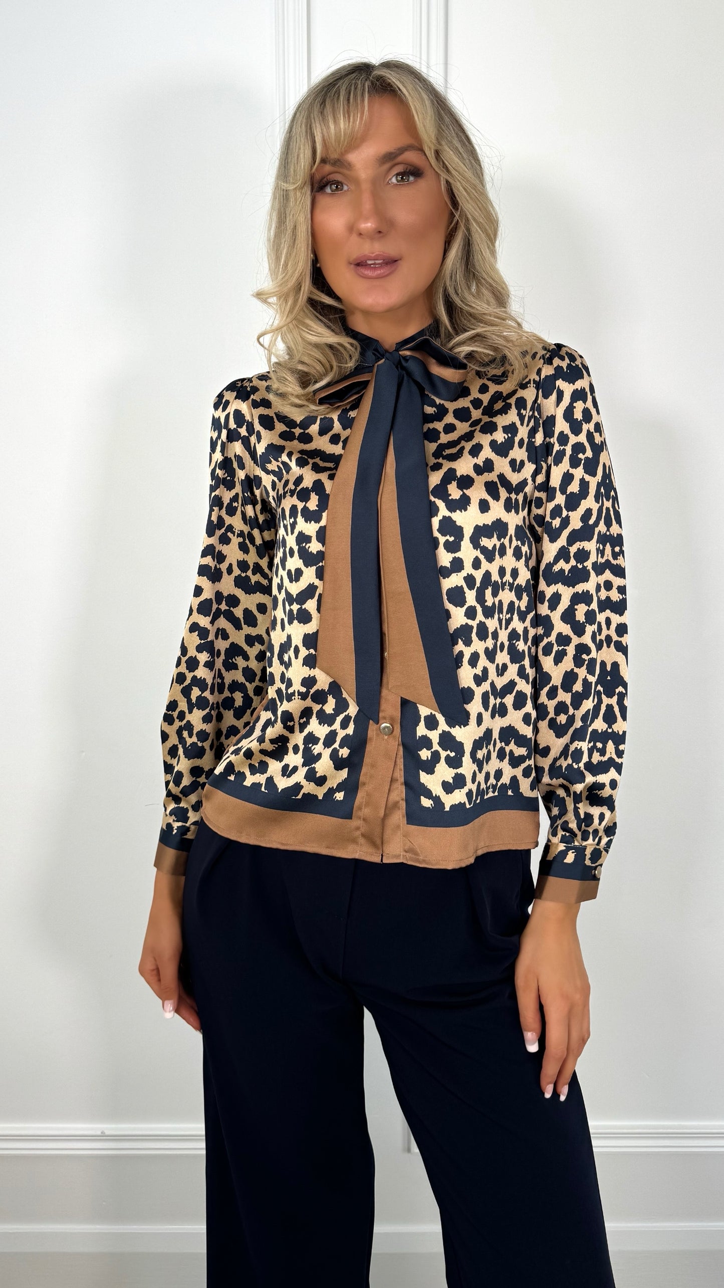 Eimear Animal Print Bowknot Shirt - Black and Brown