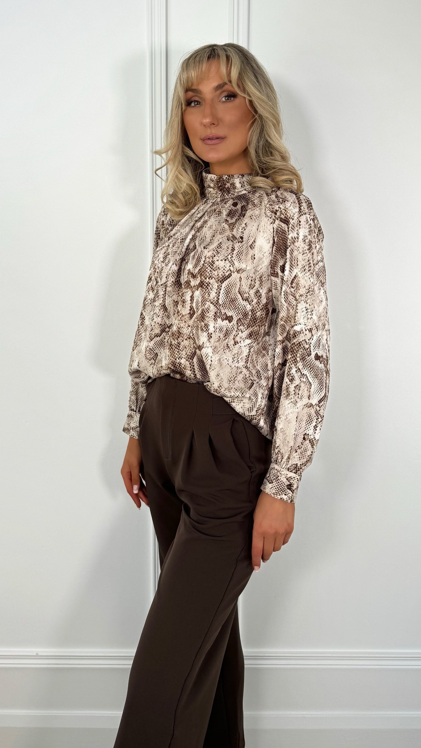 Orla Animal Print High Neck Blouse - Brown