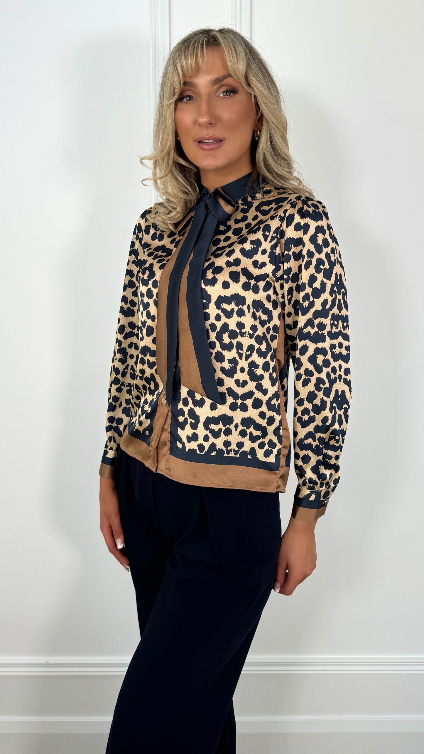 Eimear Animal Print Bowknot Shirt - Black and Brown