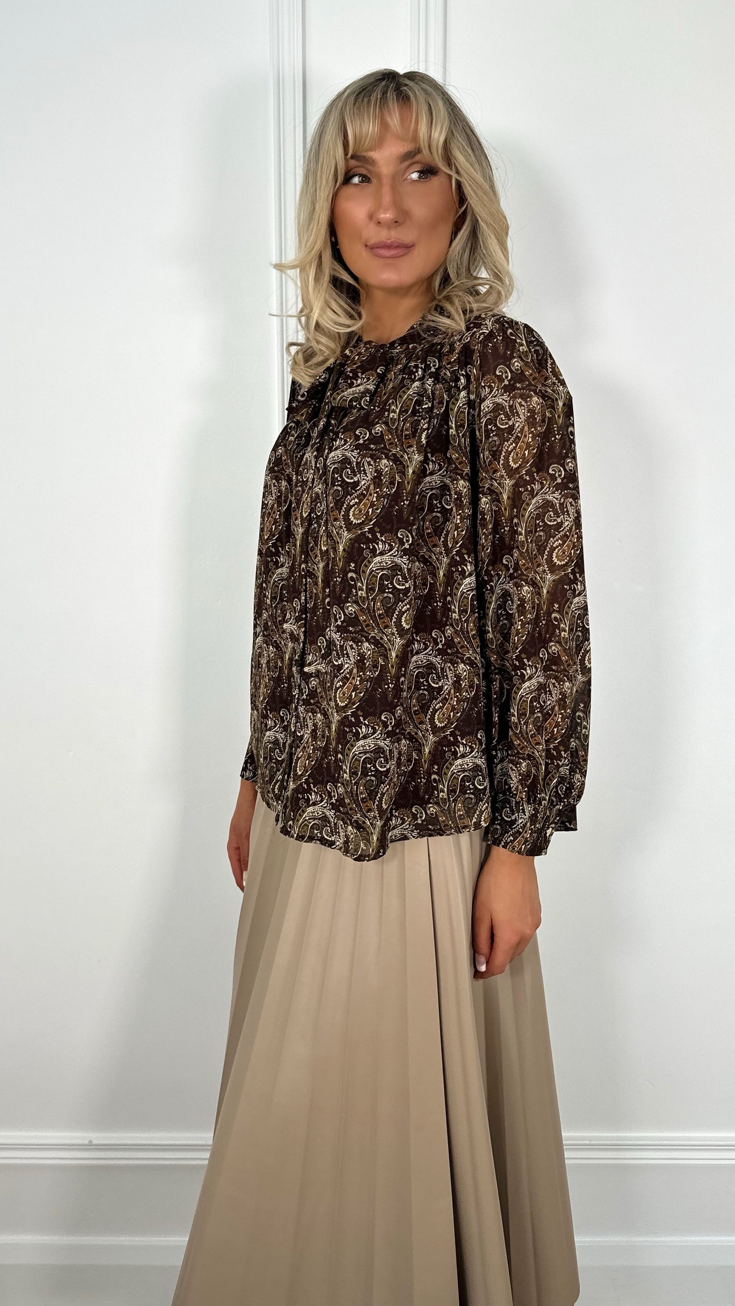 Suzanne Printed Bowknot Shirt - Brown