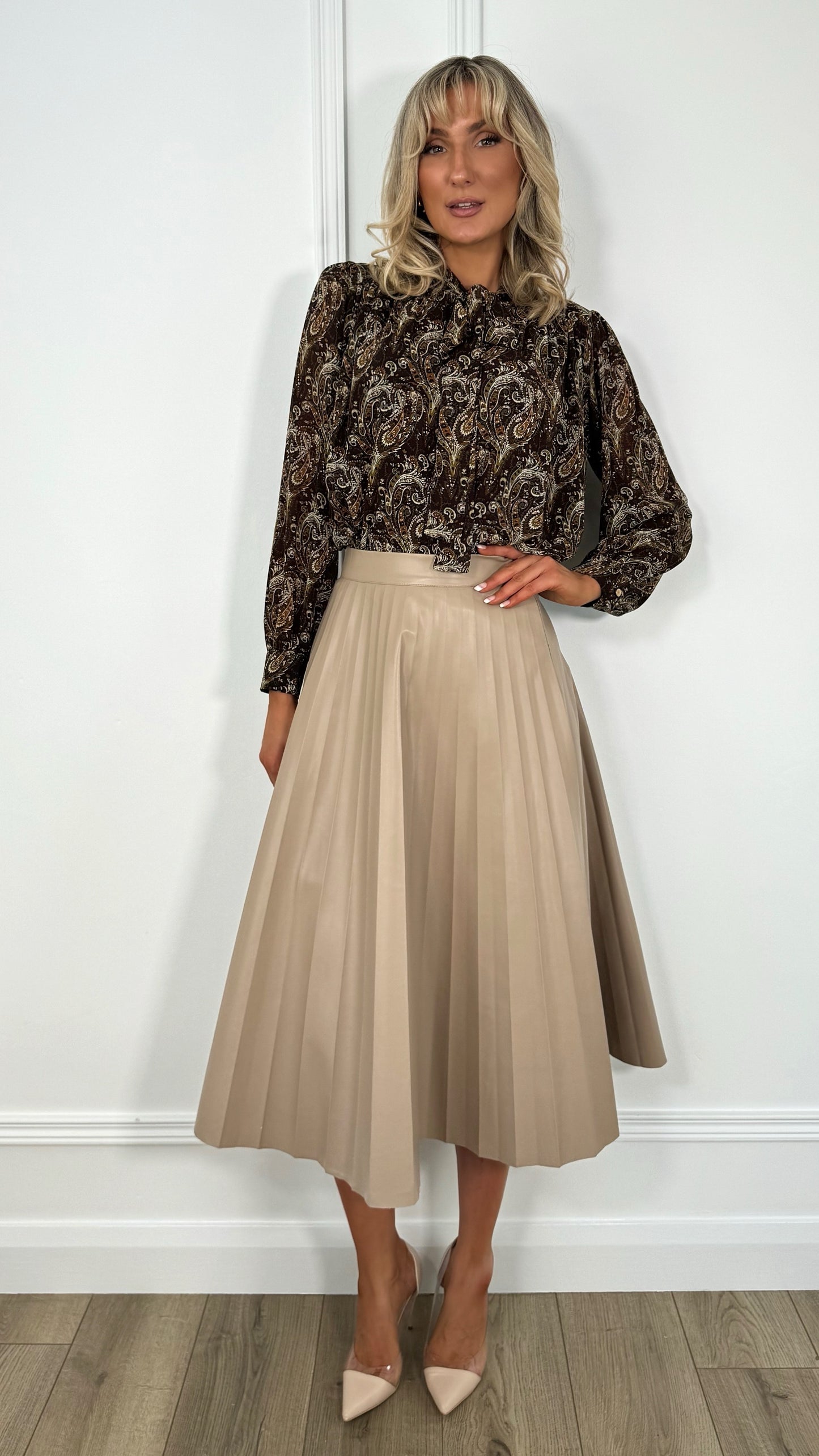 Fia Pleated Faux Leather Skirt - Taupe