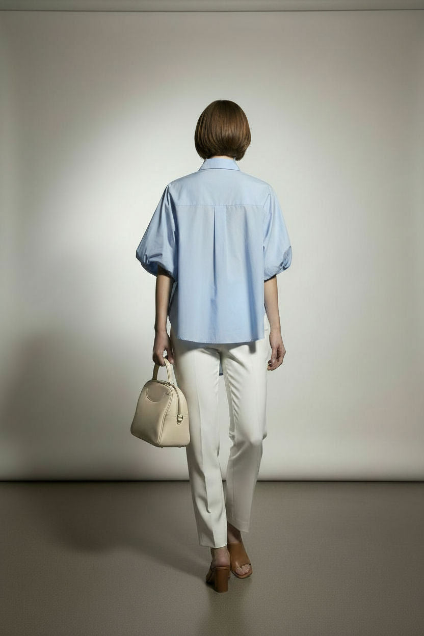 Diana Cotton Shirt with Balloon Sleeves - Sky Blue
