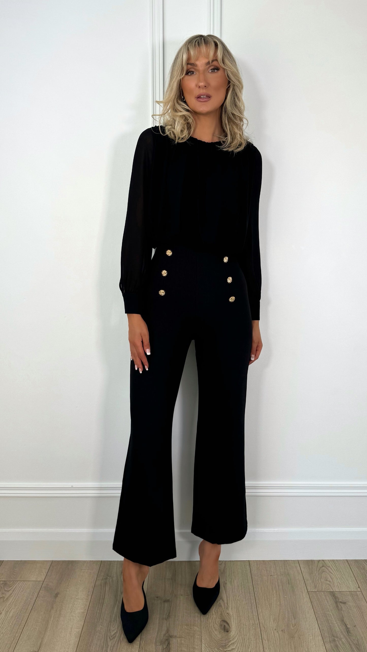 Aine Button High Waist Tailored Mixed Fabric Jumpsuit - Black