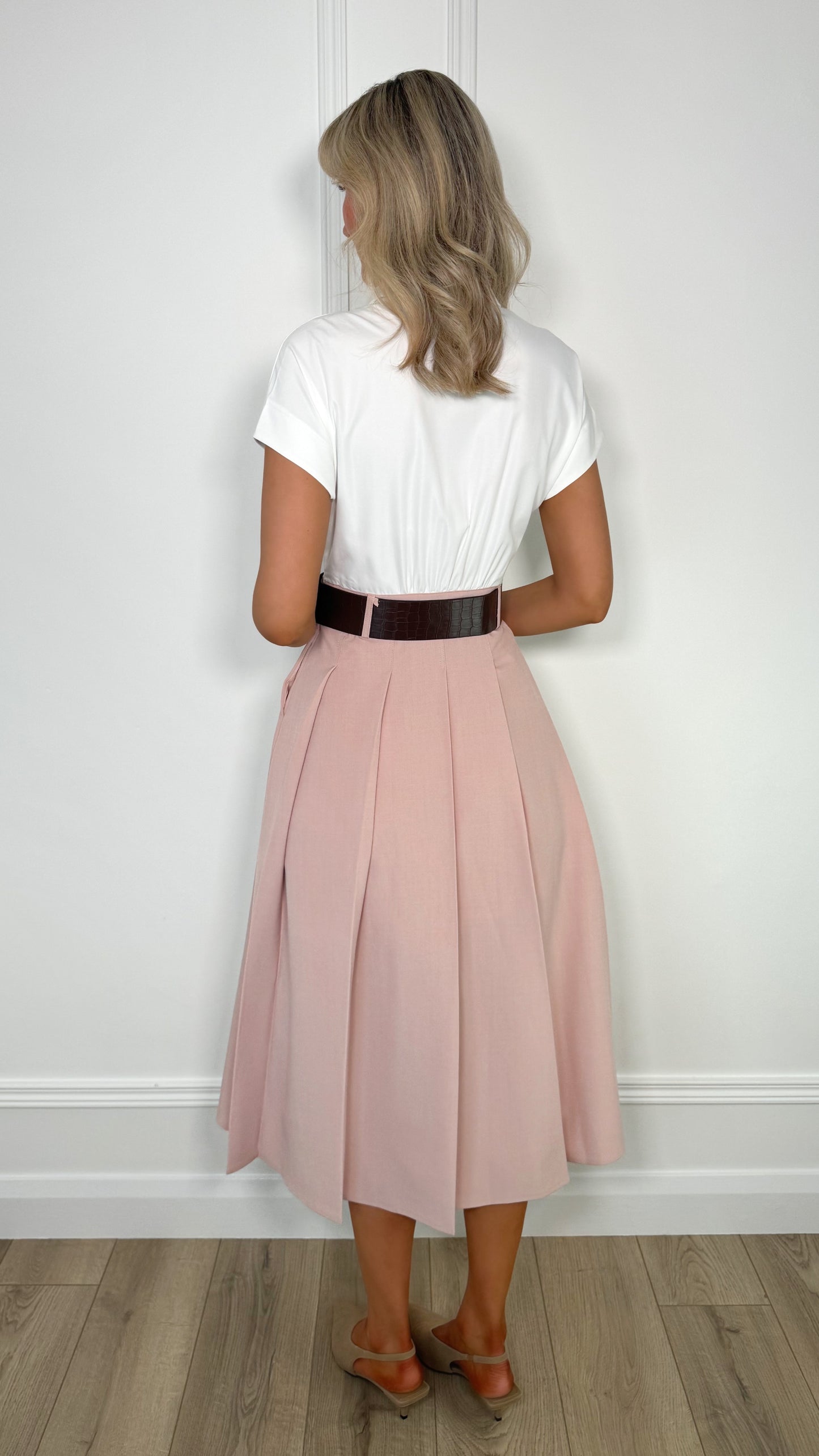 Lisa Pleated Shirt Dress - White and Pink