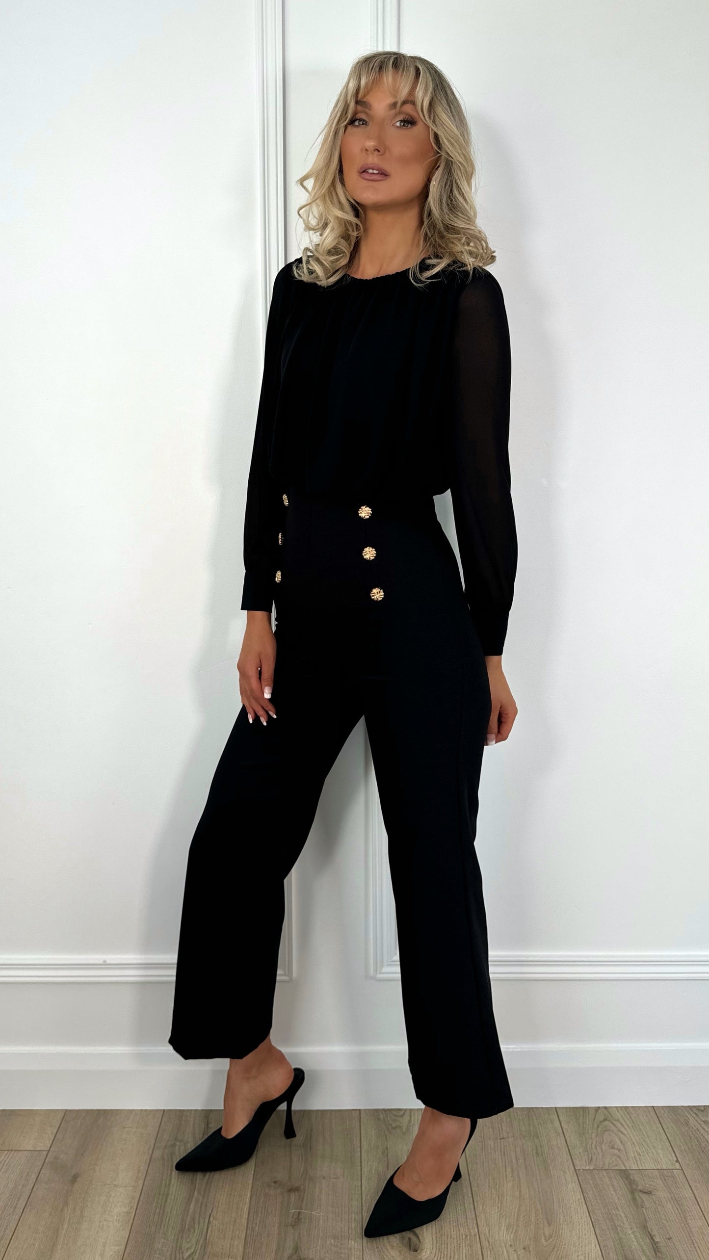 Aine Button High Waist Tailored Mixed Fabric Jumpsuit - Black