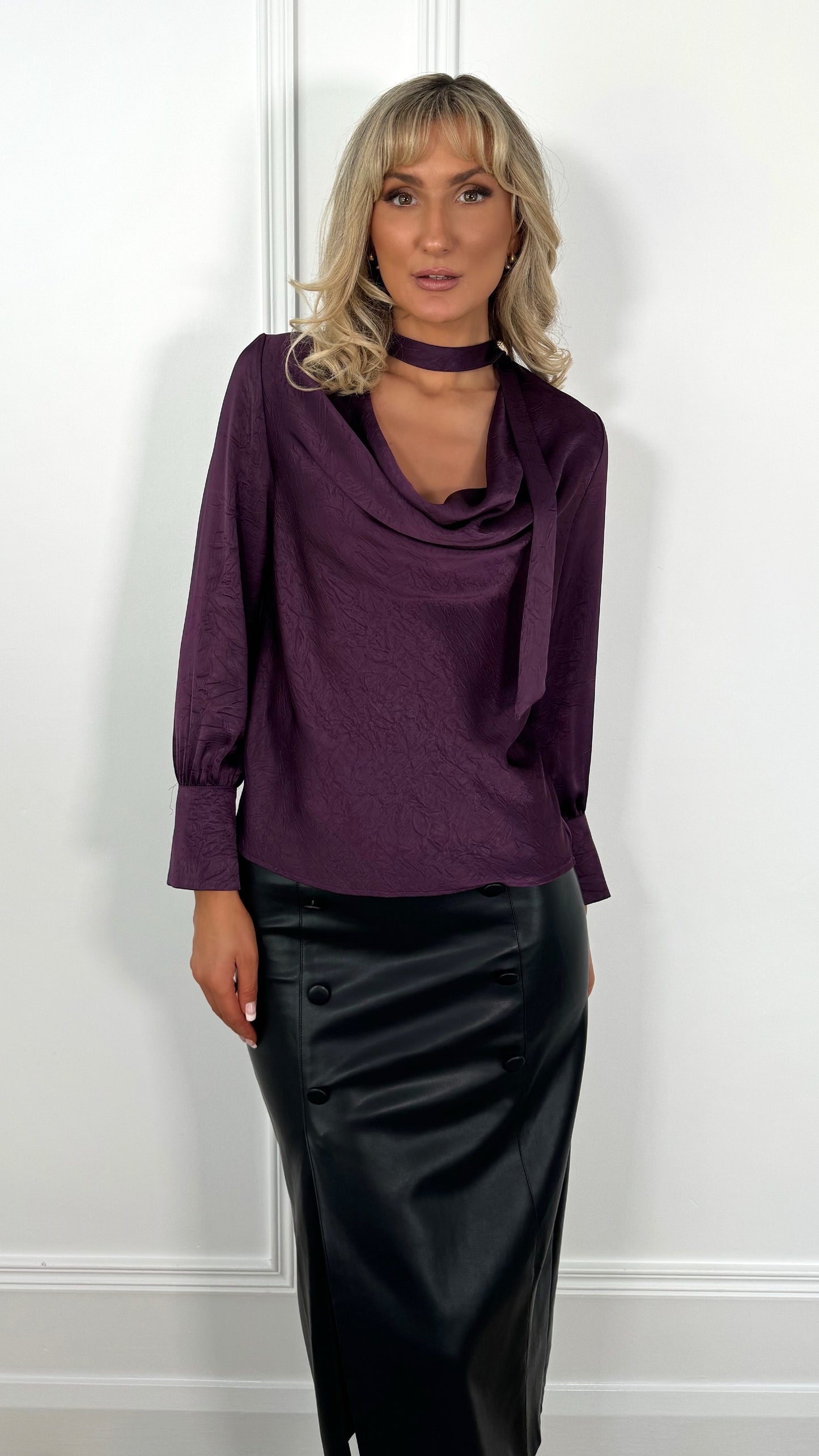 Tessy Elegant Choker Cowl Neck Puffy Sleeve Blouse - Plum