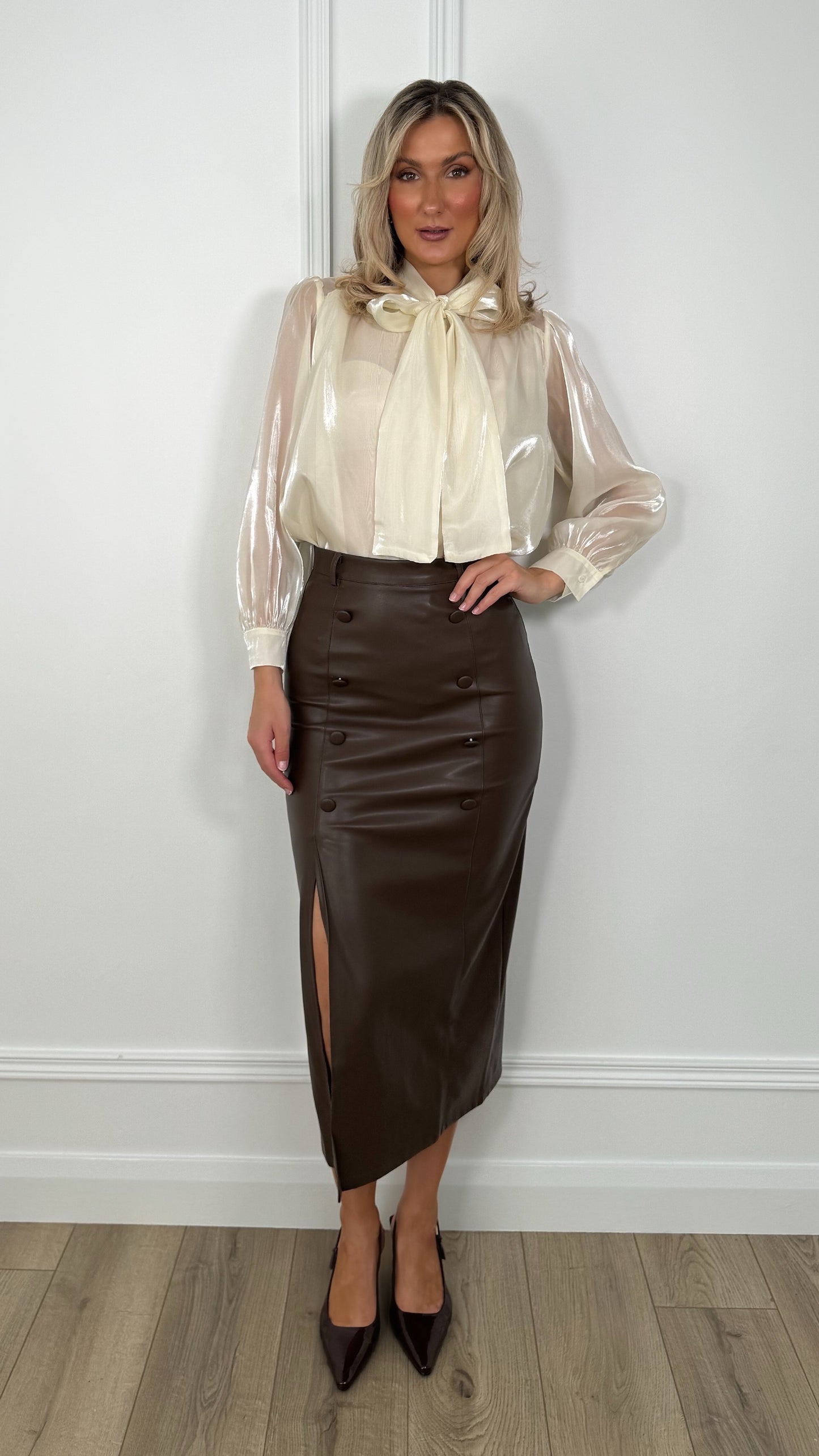 Amelie Maxi Faux Leather Skirt with Button Details - Choco Brown