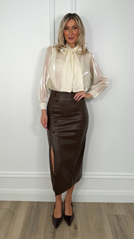 Amelie Maxi Faux Leather Skirt with Button Details - Choco Brown