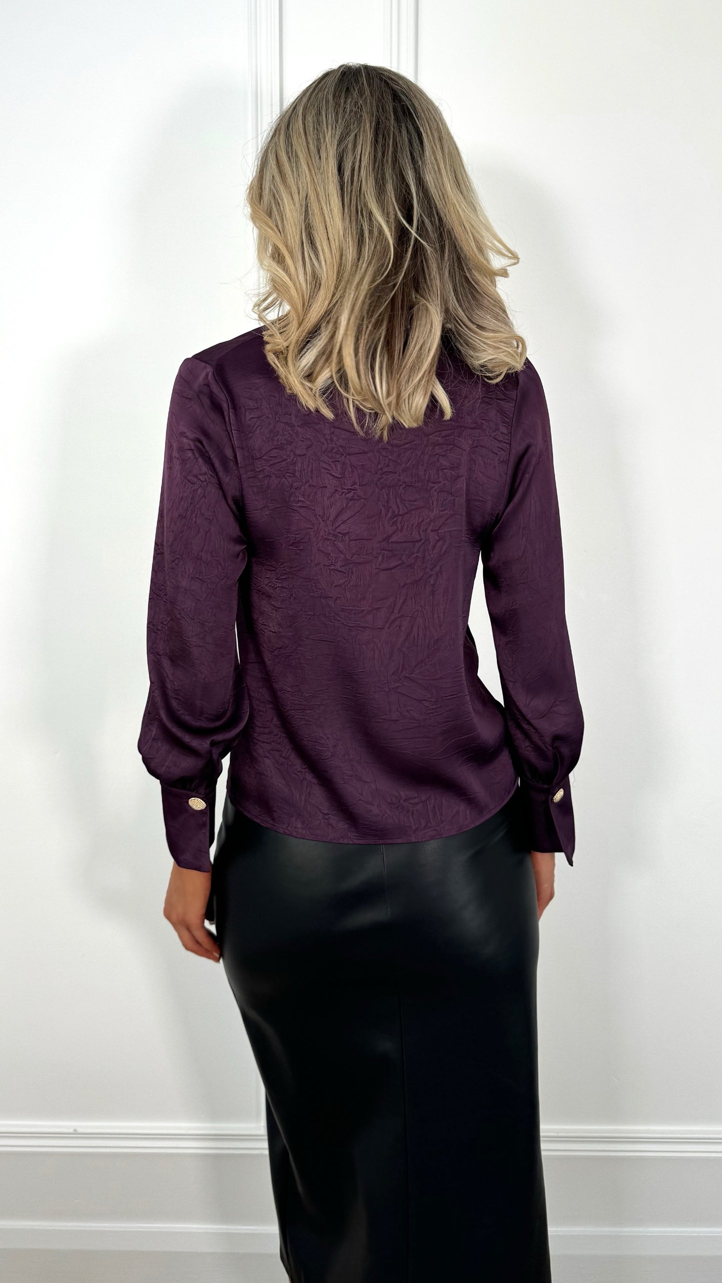 Tessy Elegant Choker Cowl Neck Puffy Sleeve Blouse - Plum