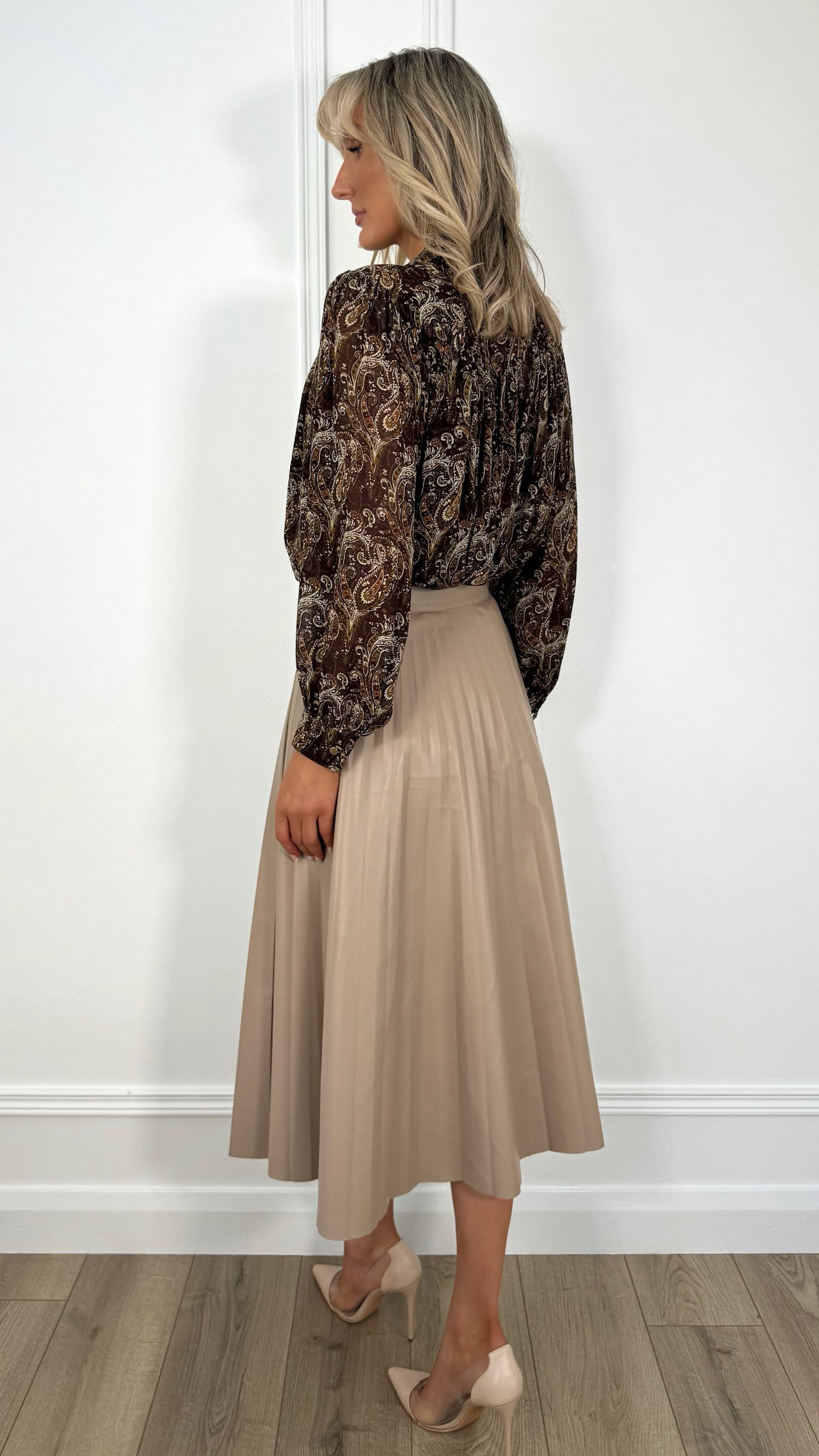 Fia Pleated Faux Leather Skirt - Taupe