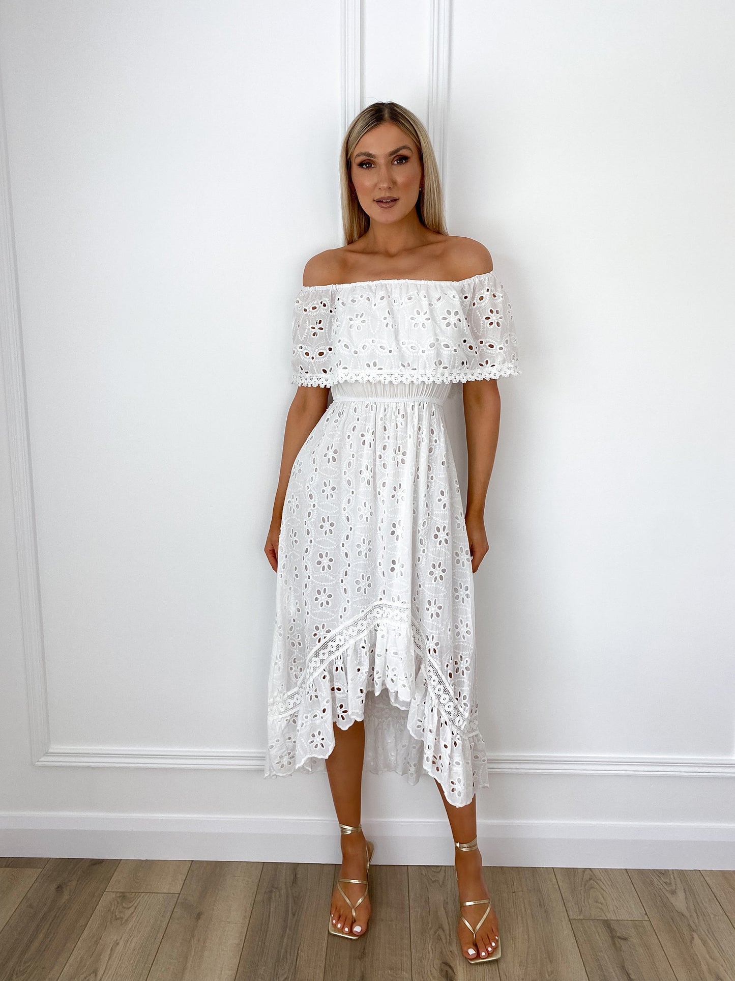 Luna Off the Shoulder Ruffle Top Broderie Dress
