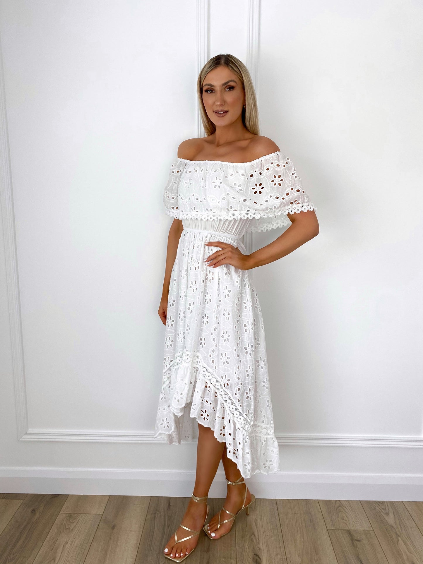Luna Off the Shoulder Ruffle Top Broderie Dress