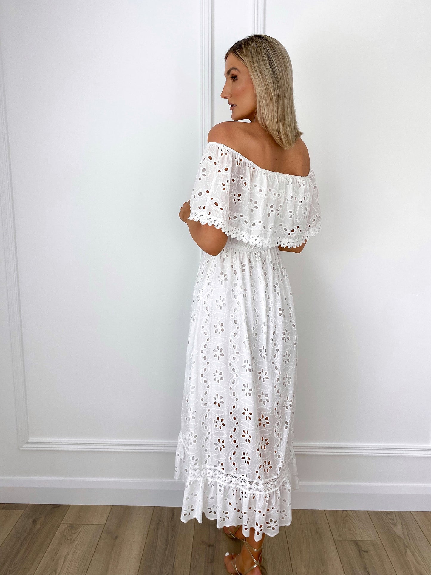 Luna Off the Shoulder Ruffle Top Broderie Dress