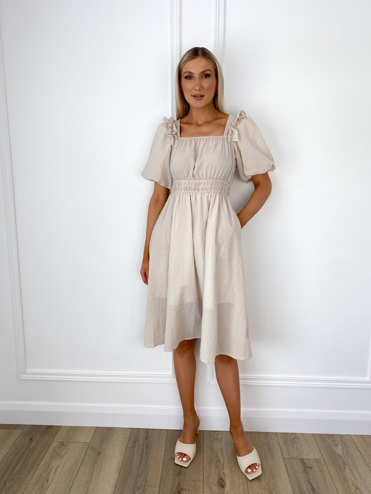 Eva Beige Dress with Puff Sleeves
