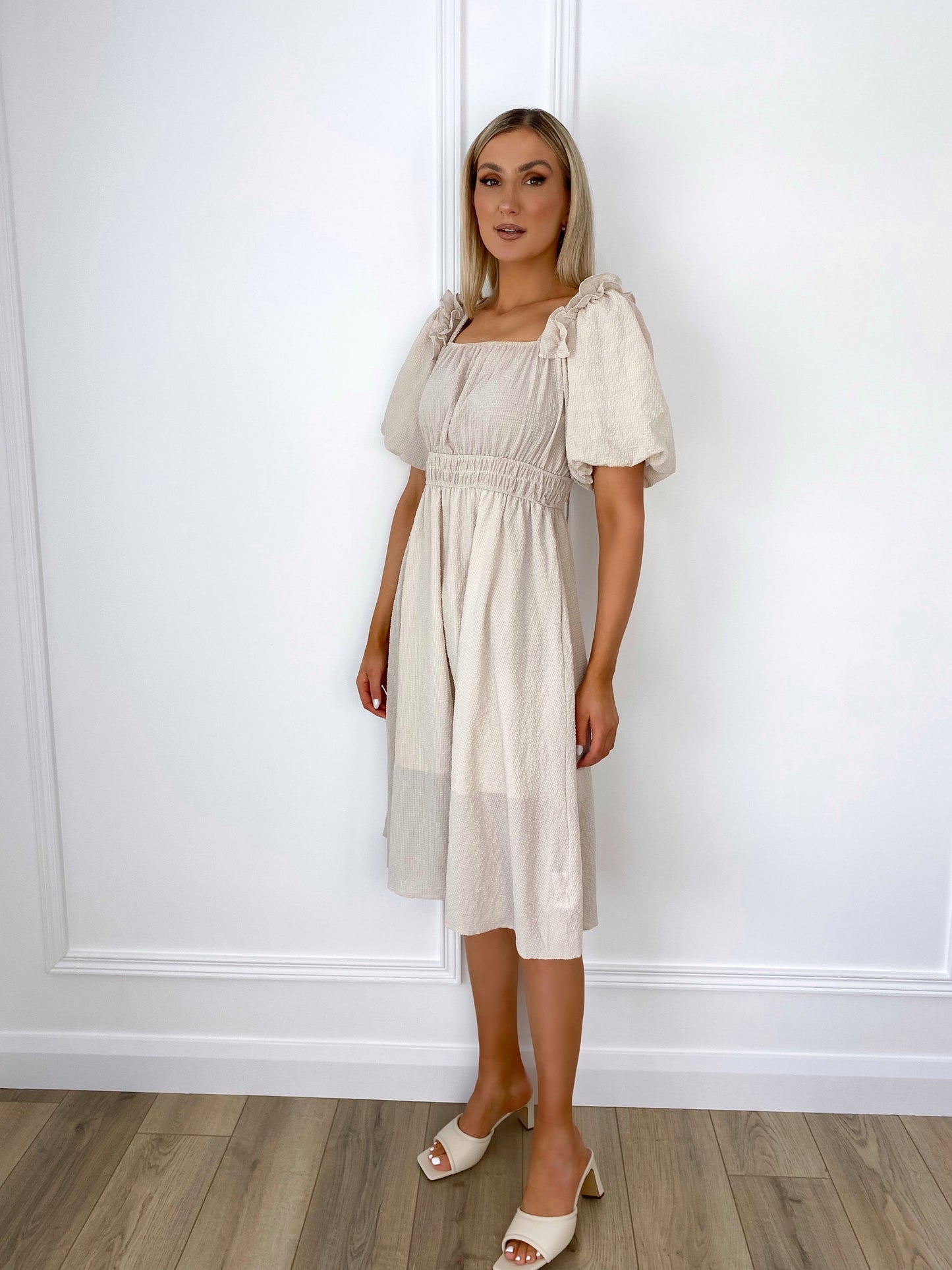 Eva Beige Dress with Puff Sleeves