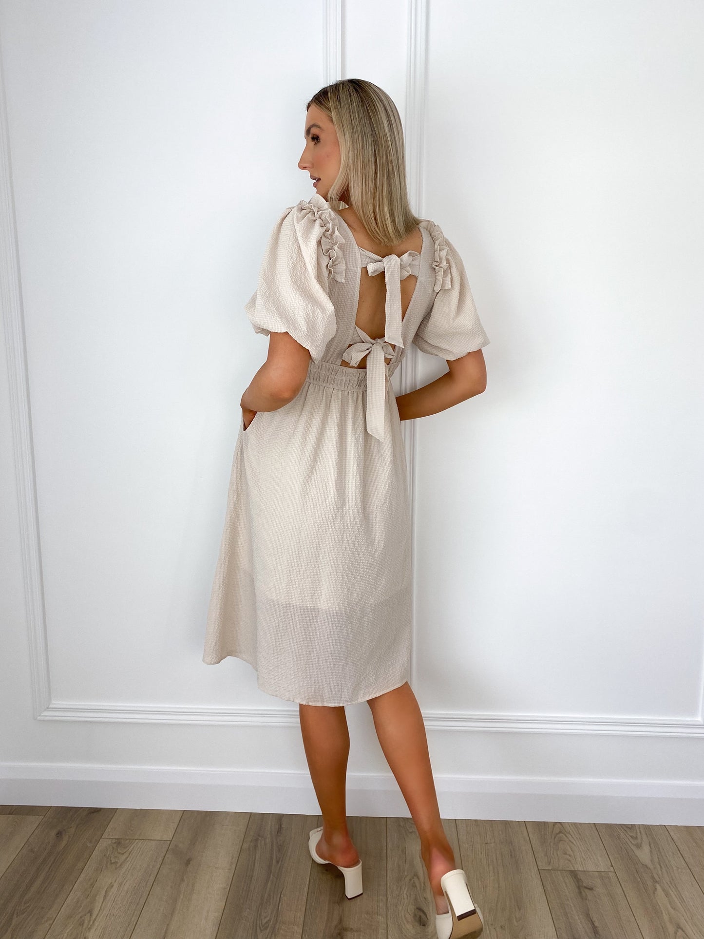 Eva Beige Dress with Puff Sleeves