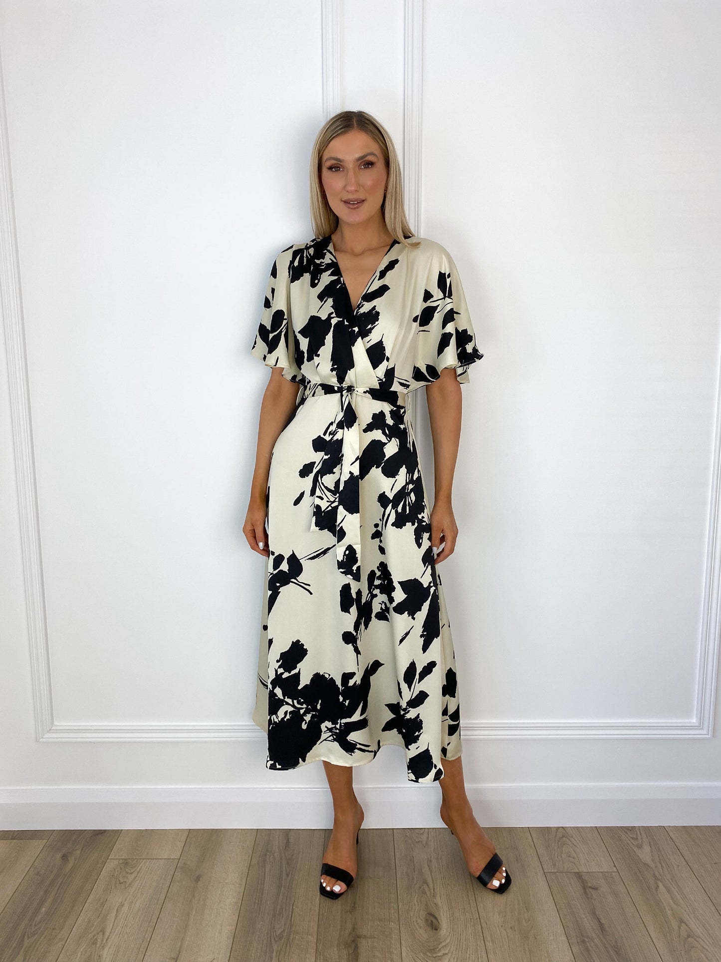 Tessy Satin Belted Dress - Black and White