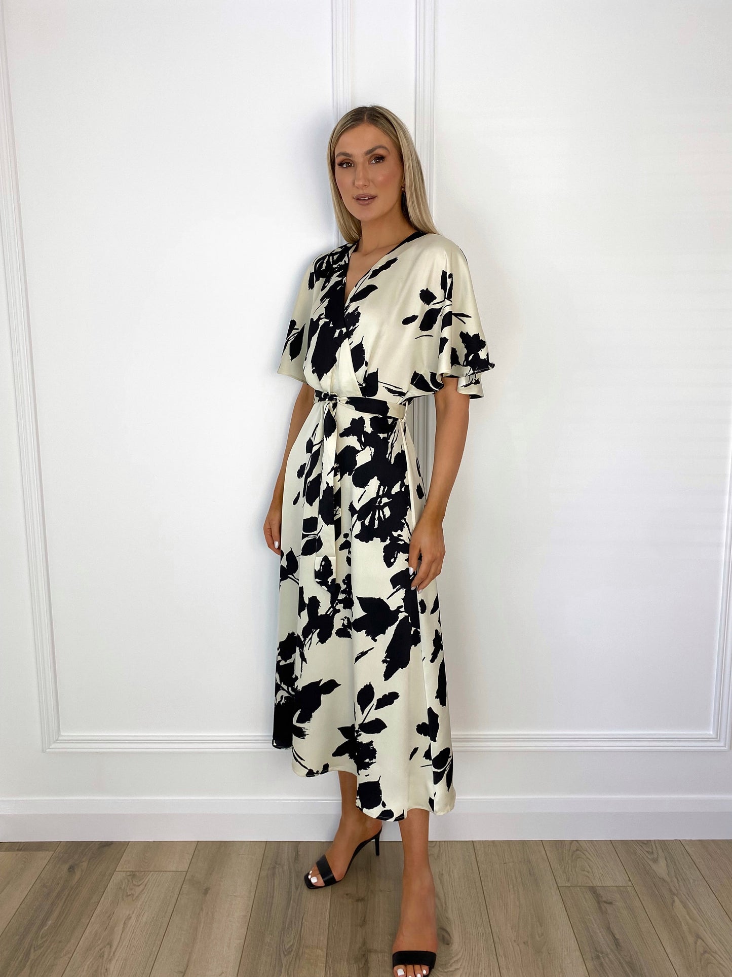 Tessy Satin Belted Dress - Black and White