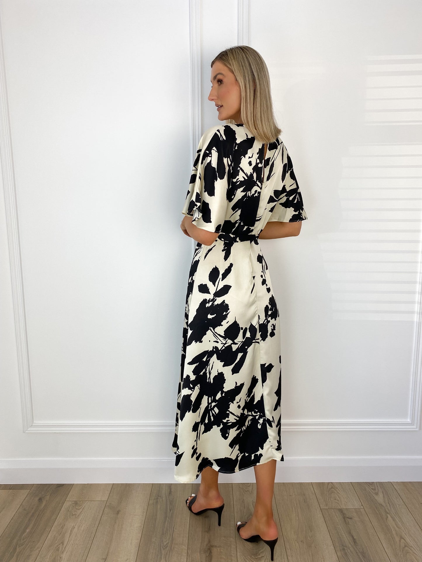 Tessy Satin Belted Dress - Black and White