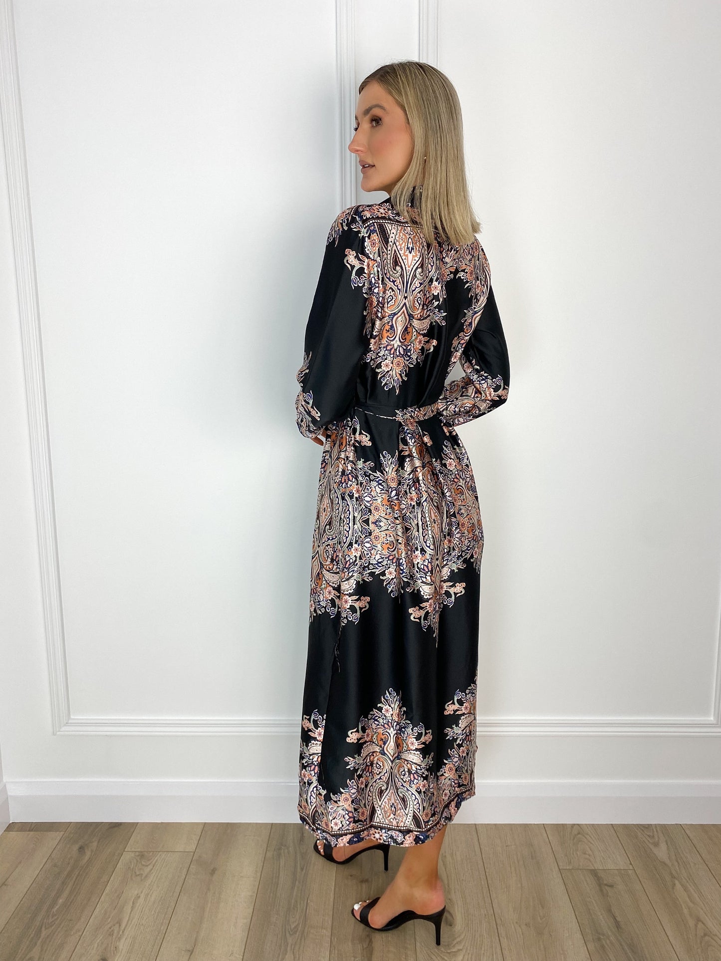 Silvia Satin Shirt Dress - Black