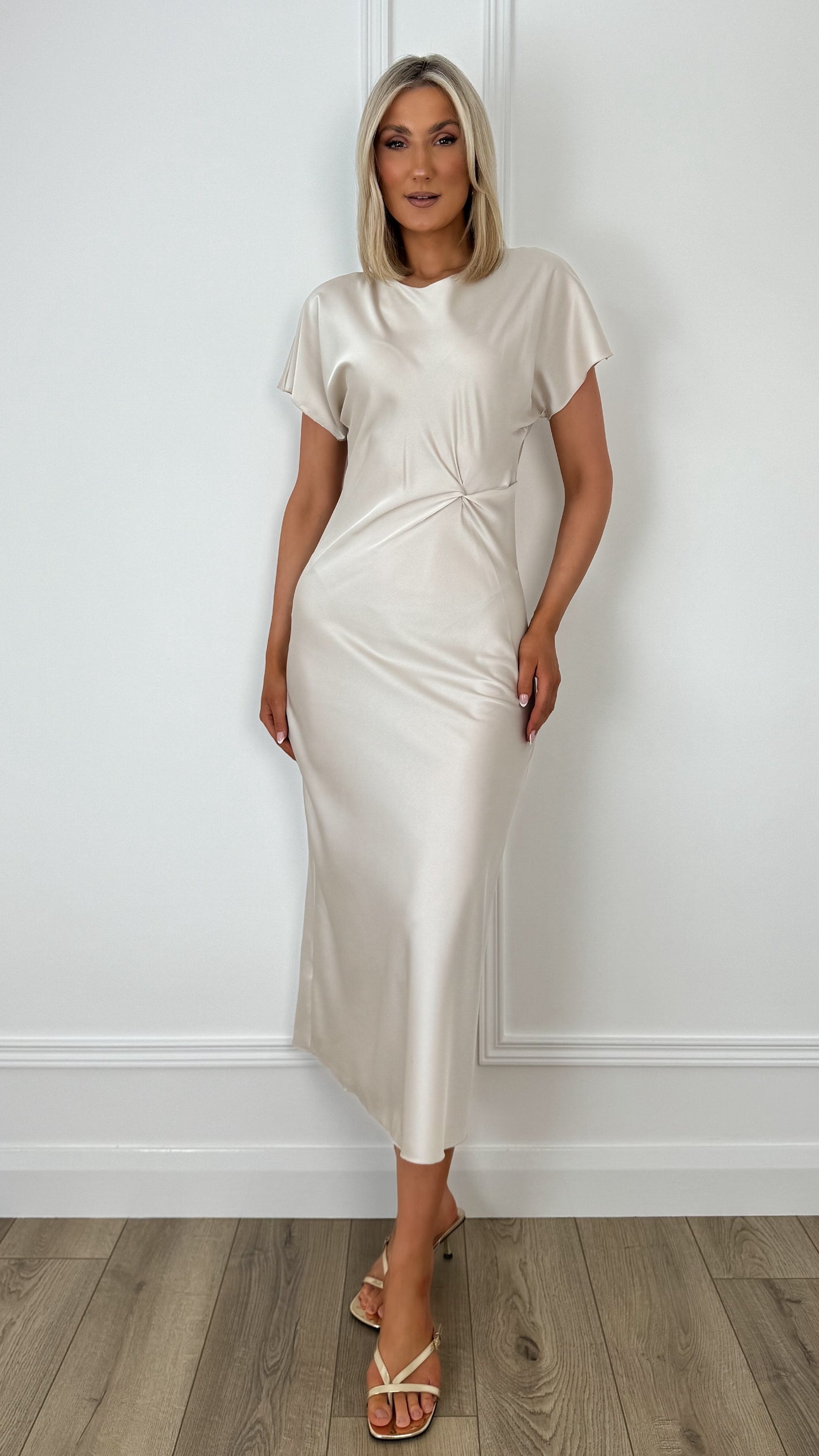 Clare Satin Dress with Front Knot - Beige