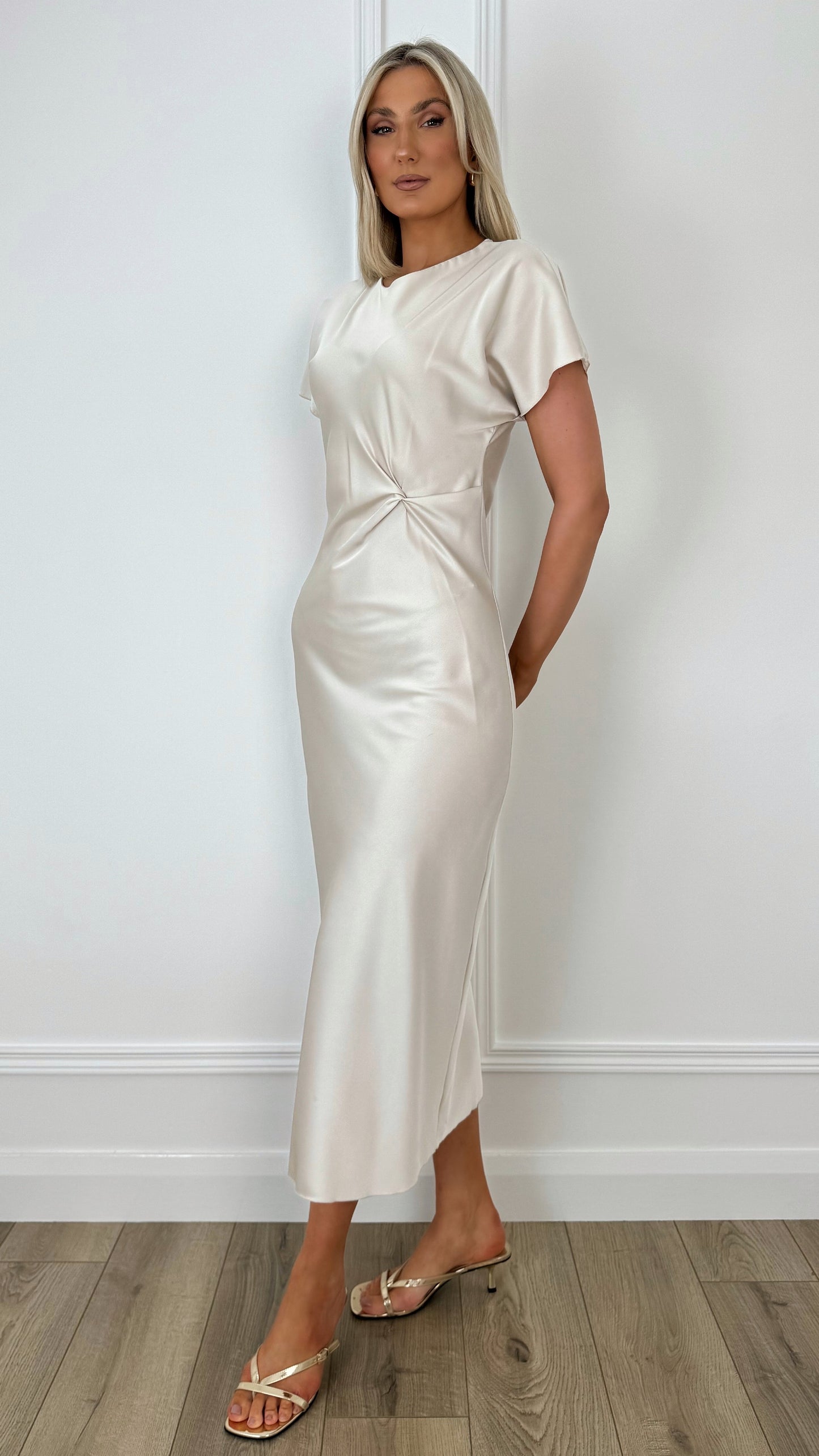 Clare Satin Dress with Front Knot - Beige