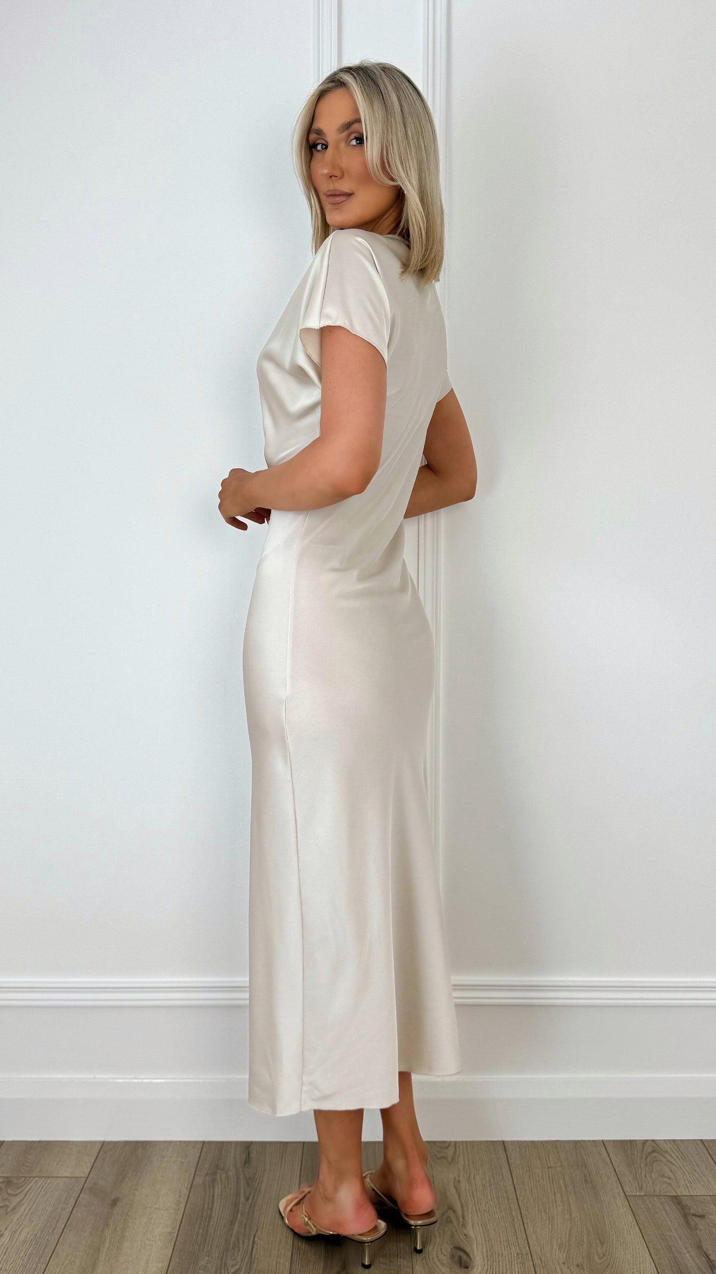 Clare Satin Dress with Front Knot - Beige