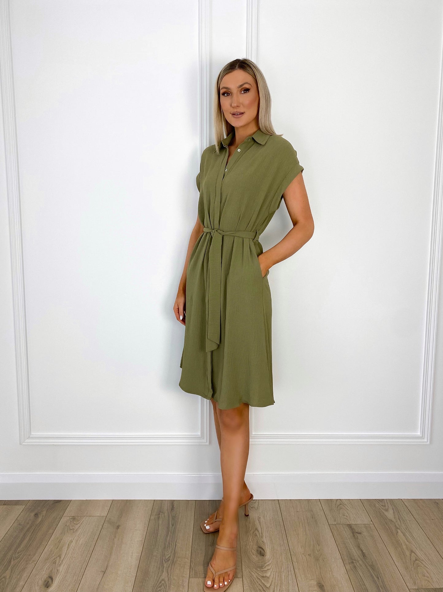 Aisling Belted Shirt Dress - Khaki