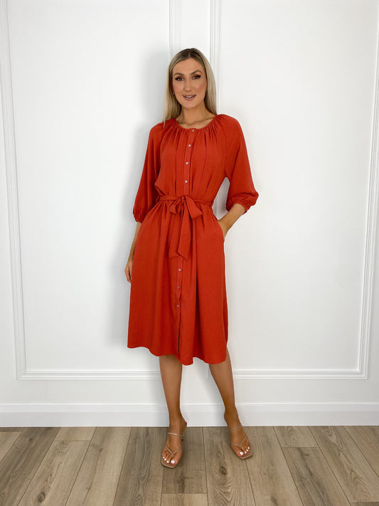 Anne Belted Shirt Dress - Rust