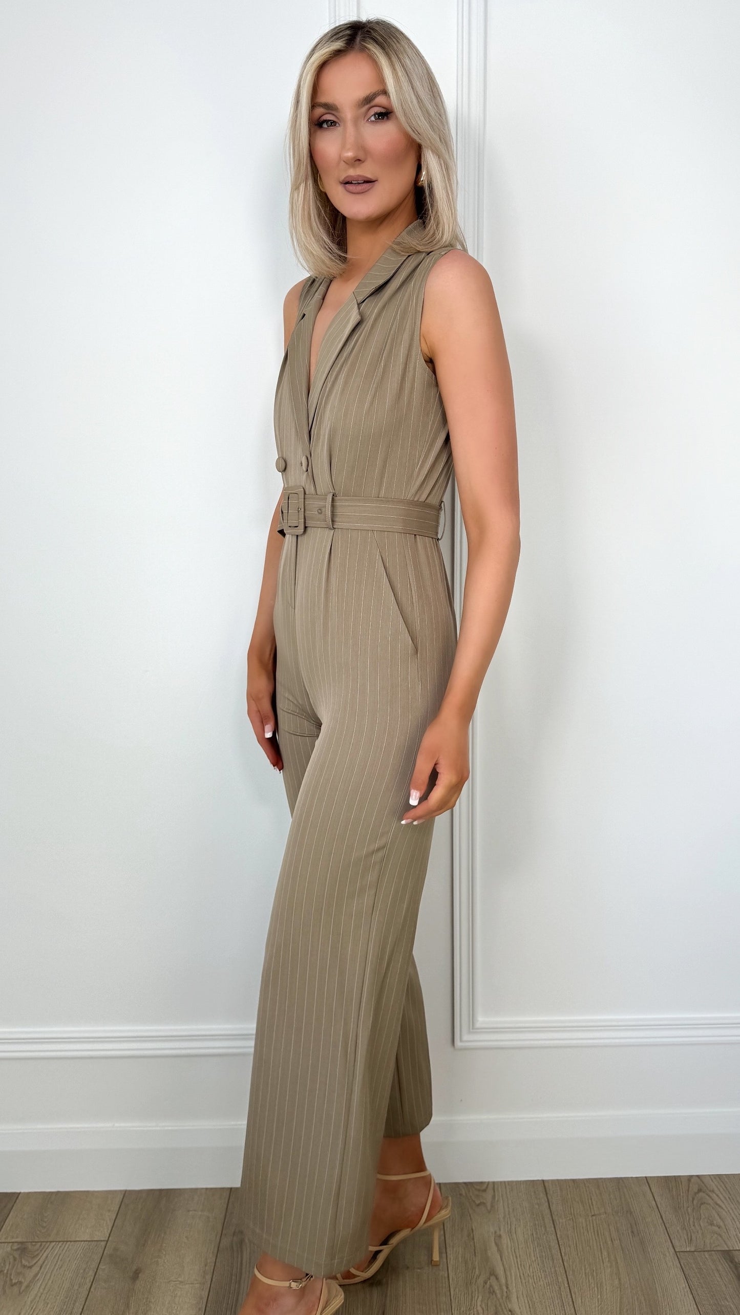 Natalie Stripped Jumpsuit - Taupe