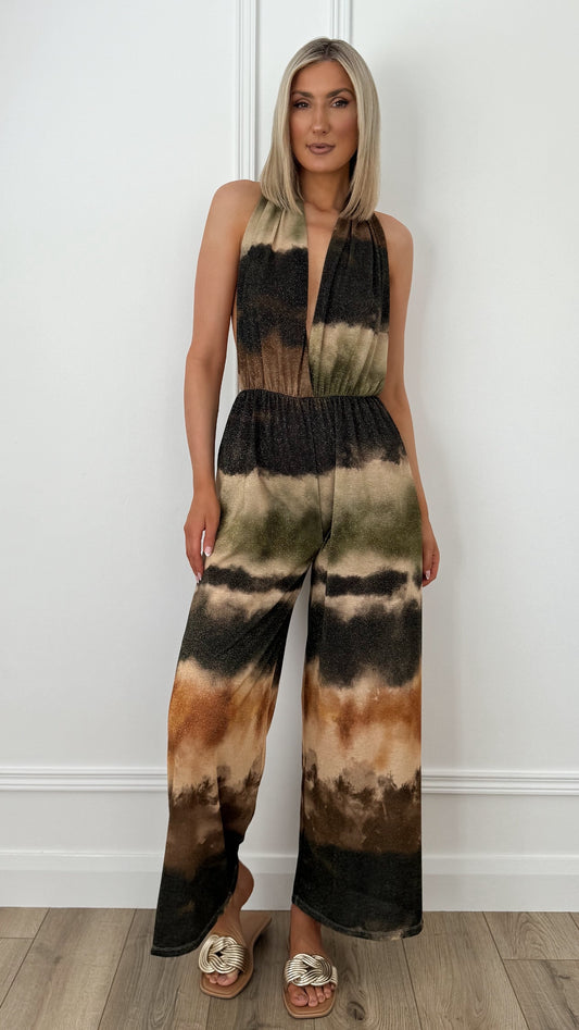 Bella Halter Neck Shimmer Jumpsuit with Open Back - Multicolour