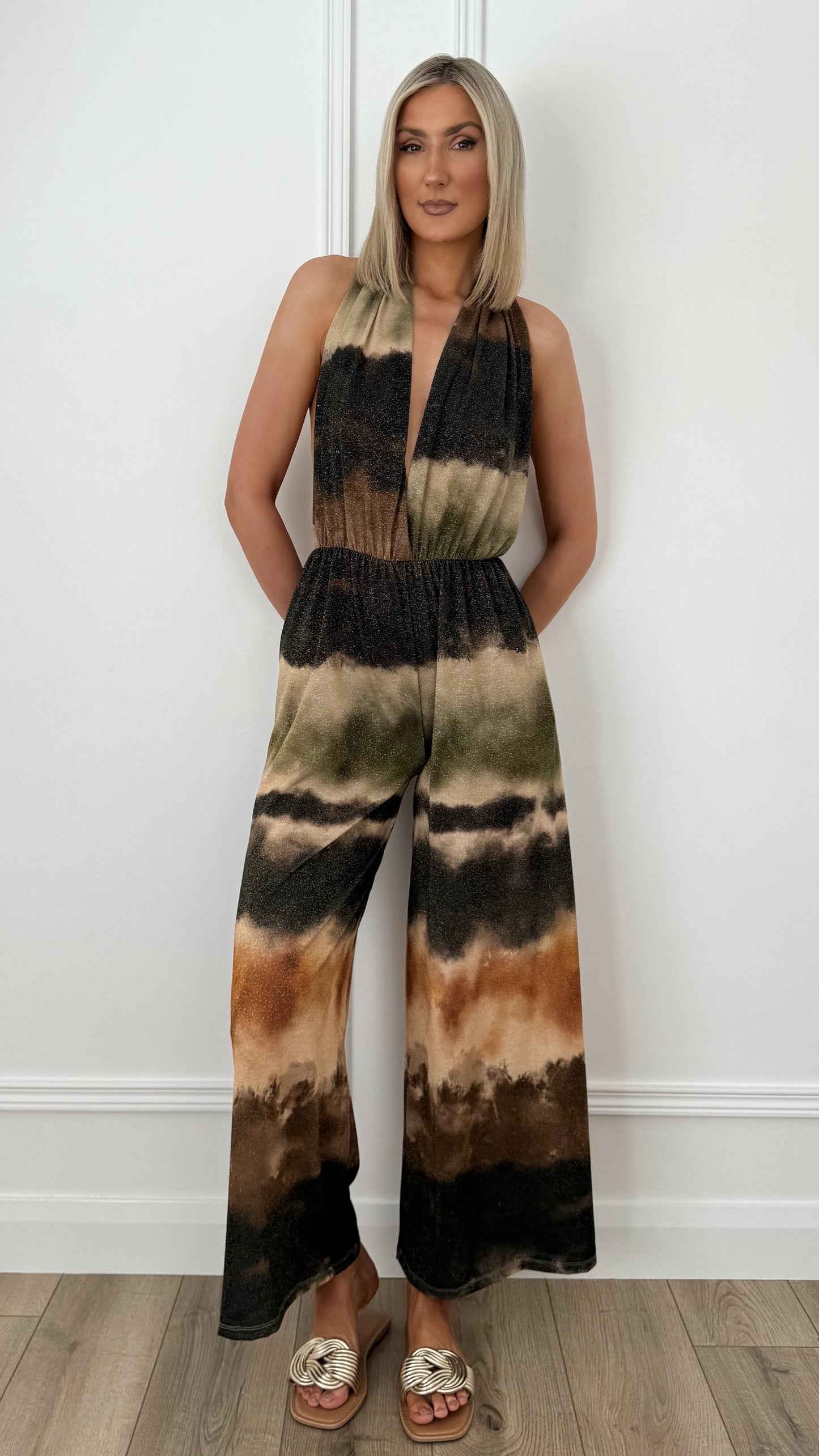 Bella Halter Neck Shimmer Jumpsuit with Open Back - Multicolour