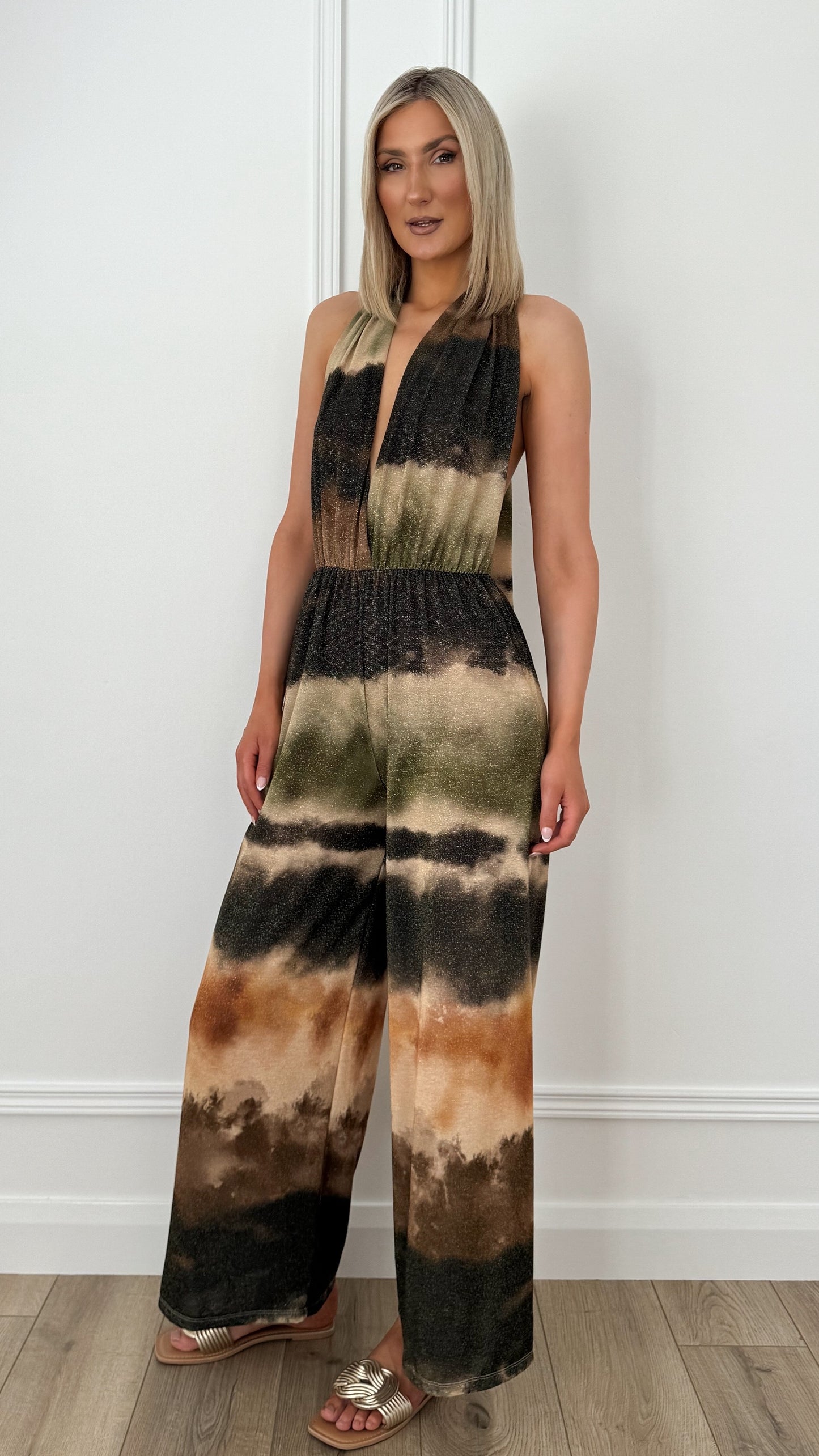 Bella Halter Neck Shimmer Jumpsuit with Open Back - Multicolour