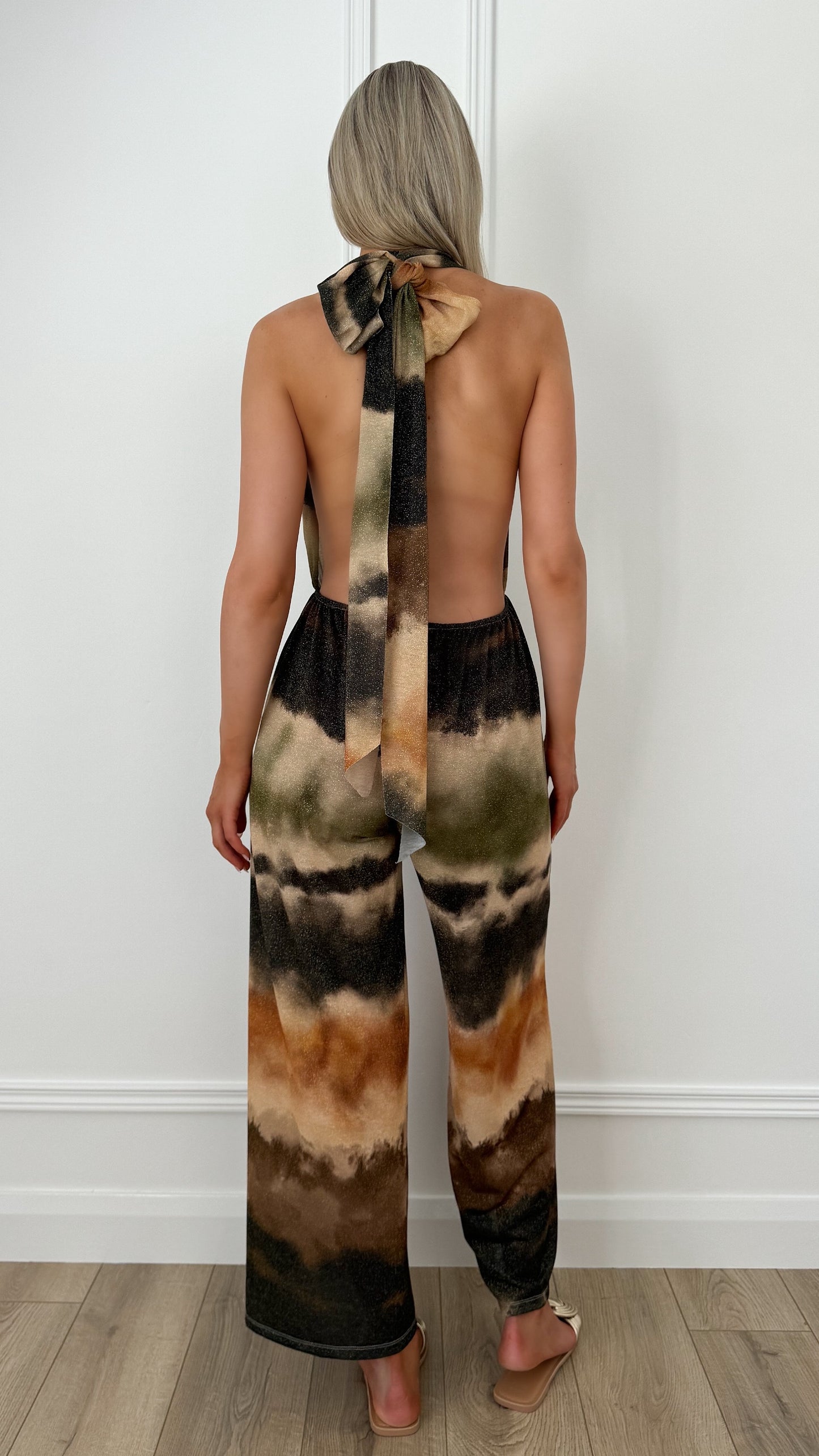 Bella Halter Neck Shimmer Jumpsuit with Open Back - Multicolour