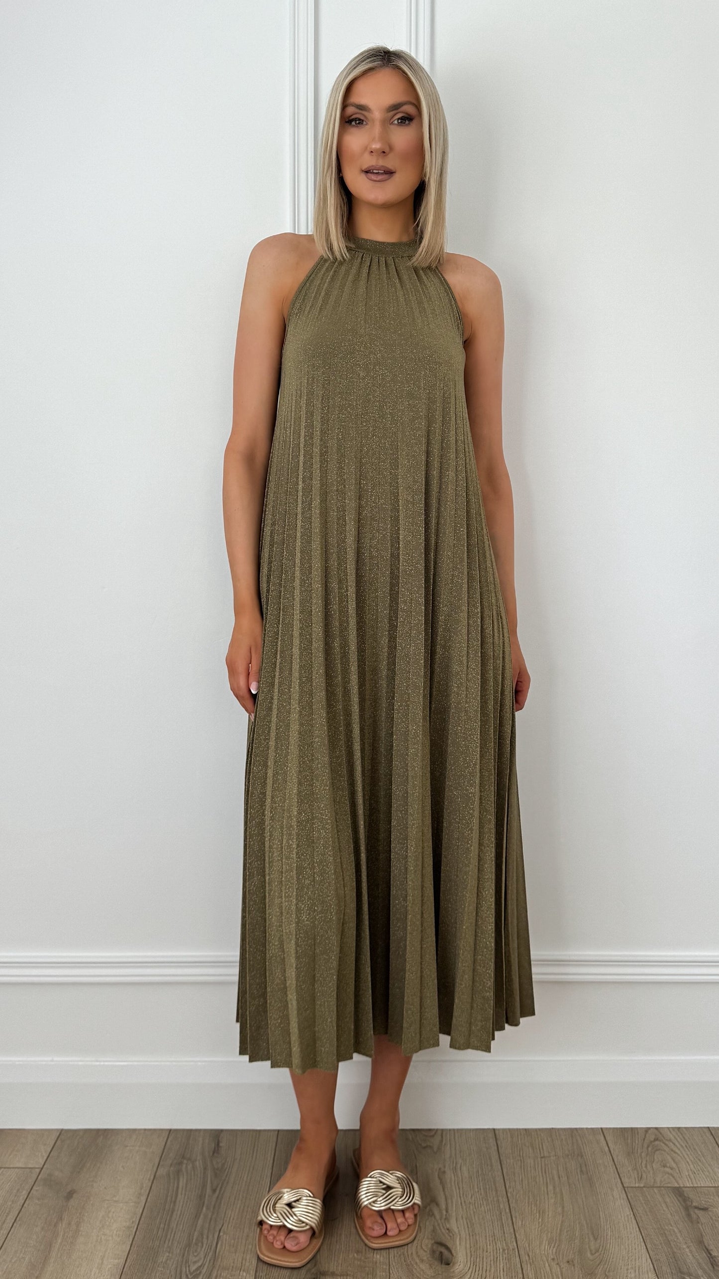 Rachel Halter Neck Pleated Shimmer Tent Dress - Khaki