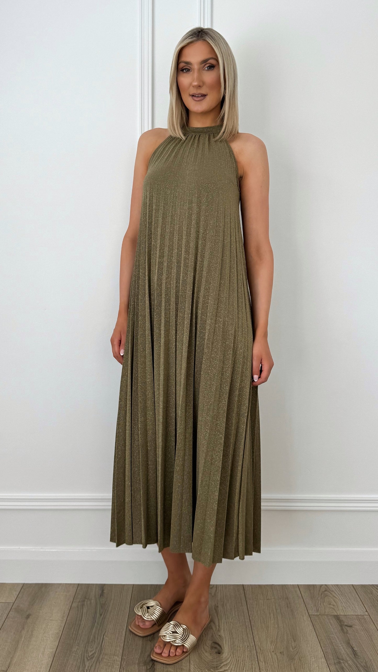 Rachel Halter Neck Pleated Shimmer Tent Dress - Khaki