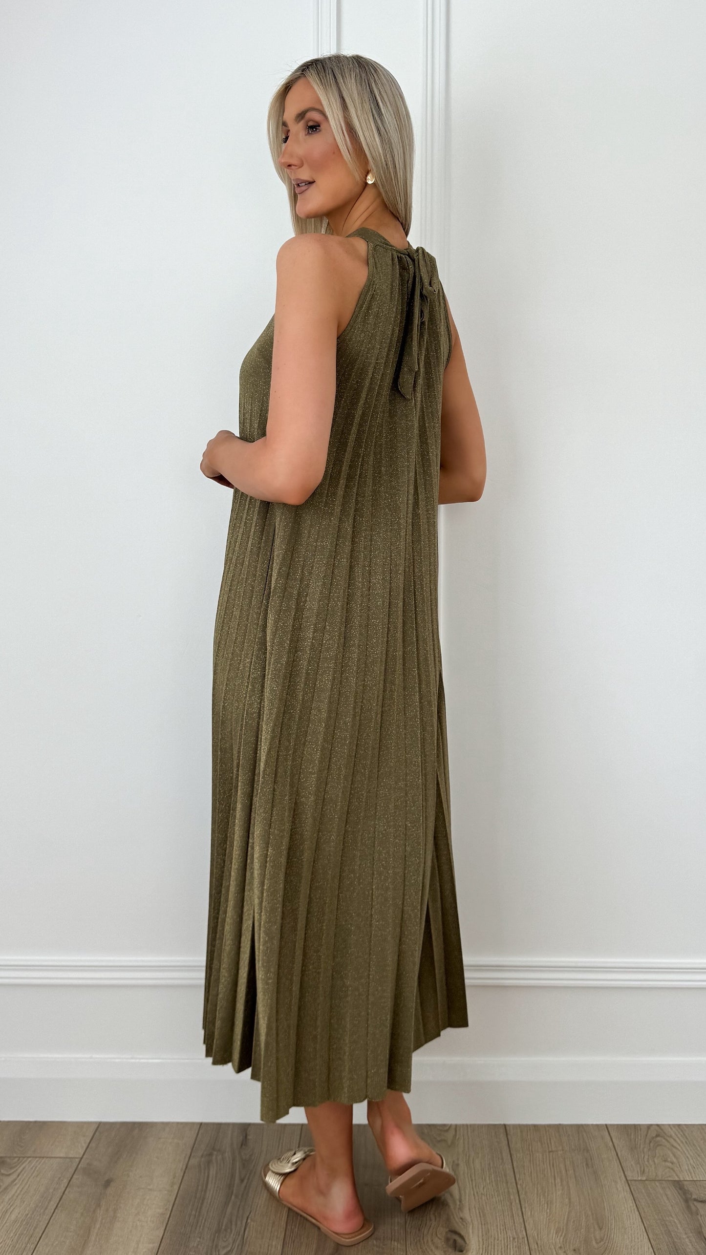 Rachel Halter Neck Pleated Shimmer Tent Dress - Khaki