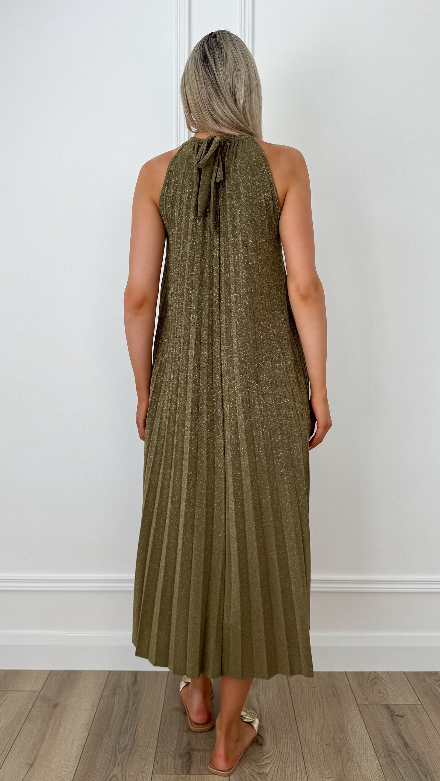 Rachel Halter Neck Pleated Shimmer Tent Dress - Khaki