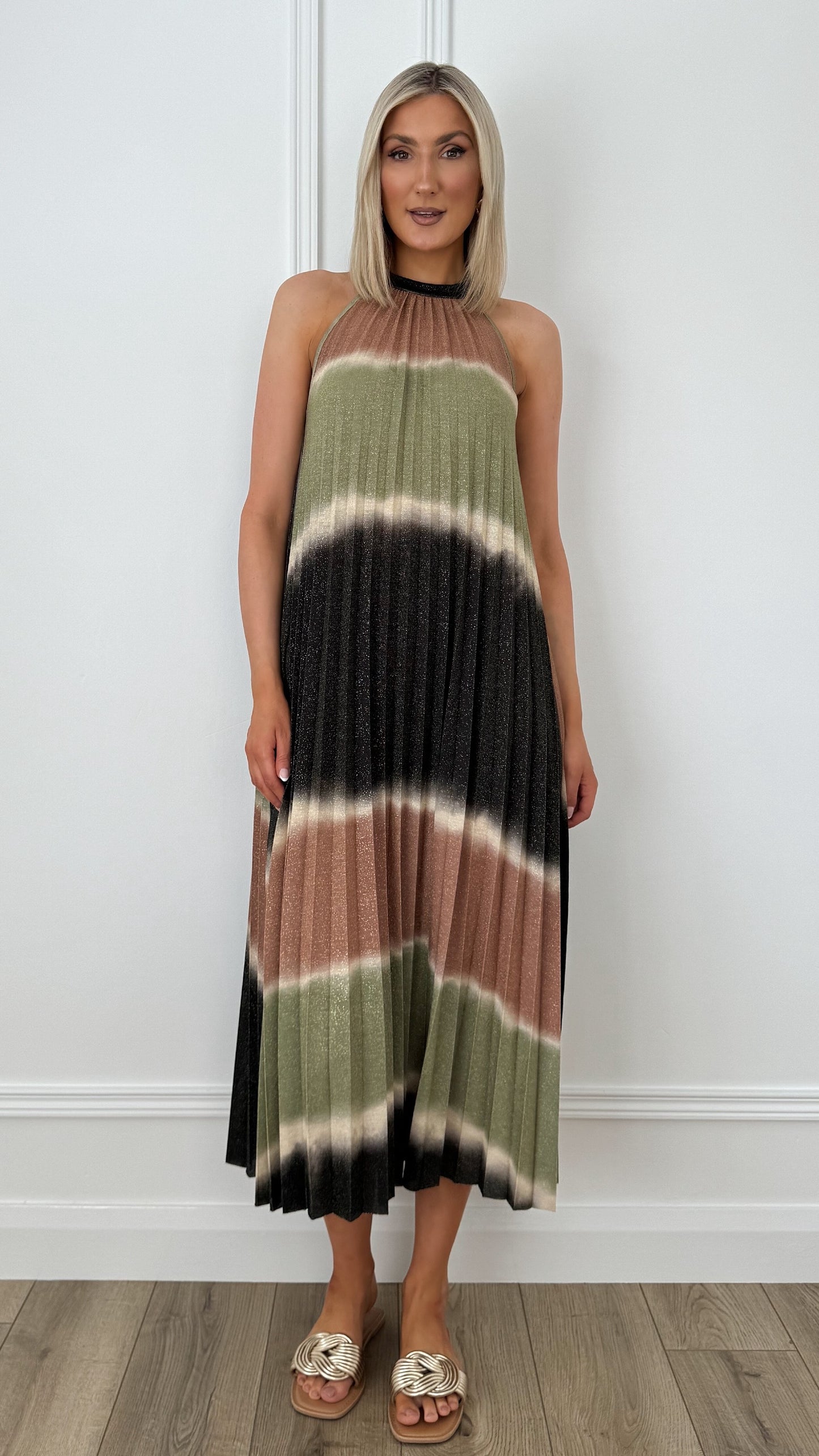Rachel Halter Neck Pleated Shimmer Tent Dress - Multicolour