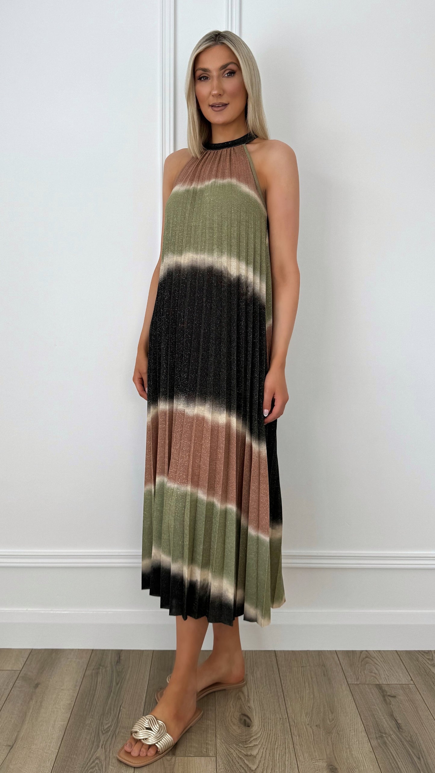 Rachel Halter Neck Pleated Shimmer Tent Dress - Multicolour