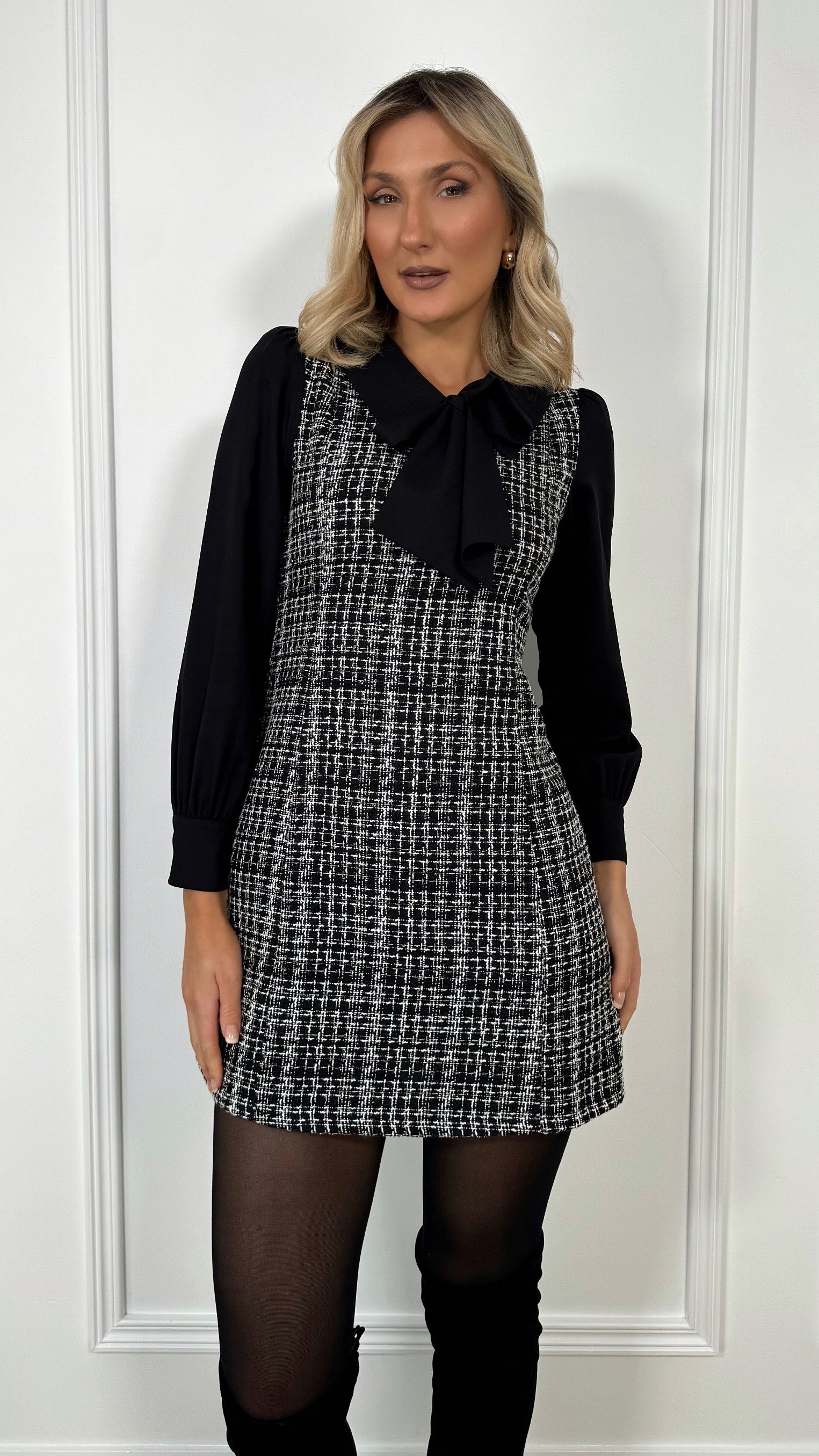 Emily Bowknot Check Mini Dress - Black Ontrendeu Emily Bowknot Check Mini Dress - Black Ontrendeu