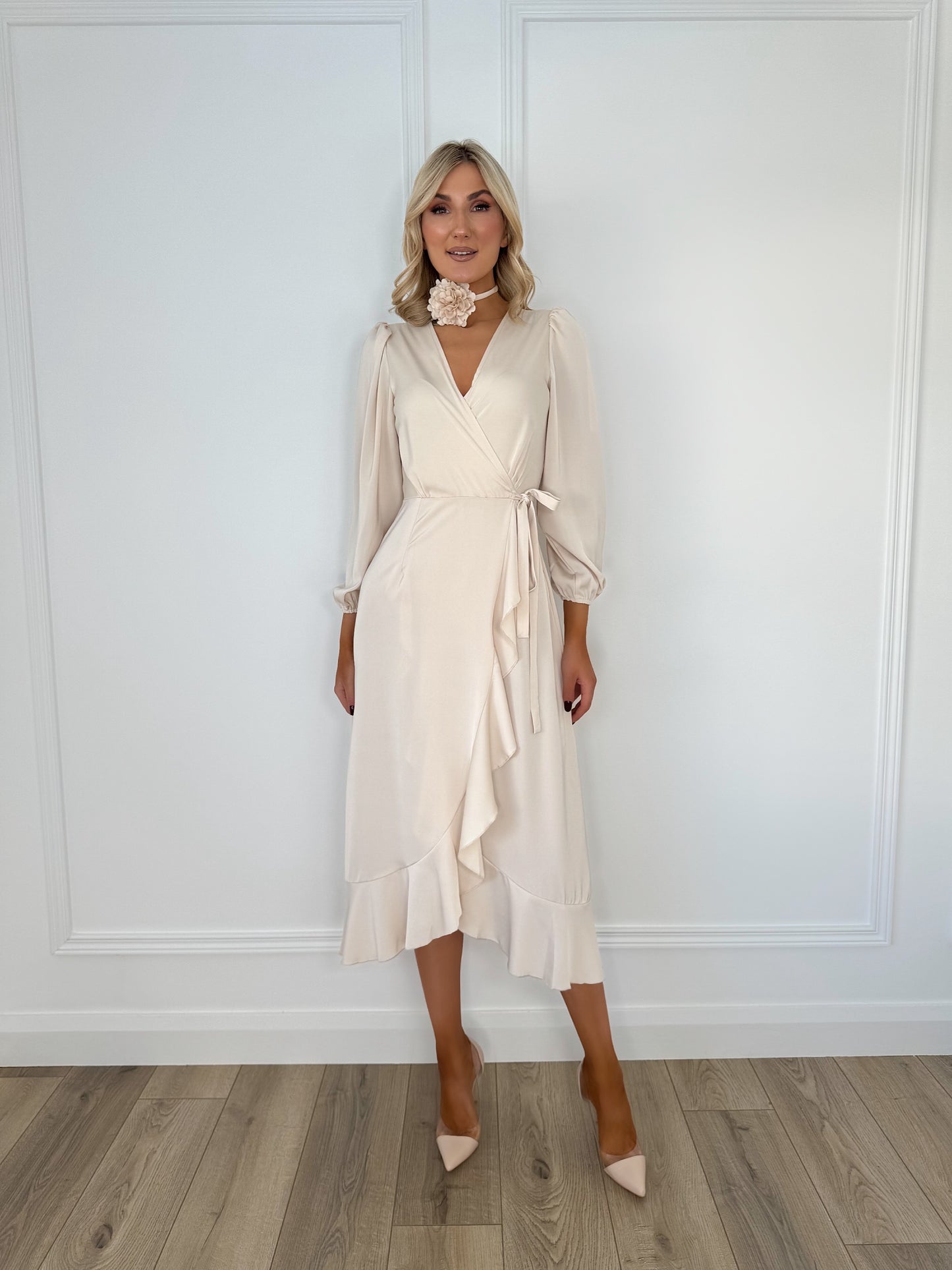 Fiona Flower Necklace Wrap Dress - Beige