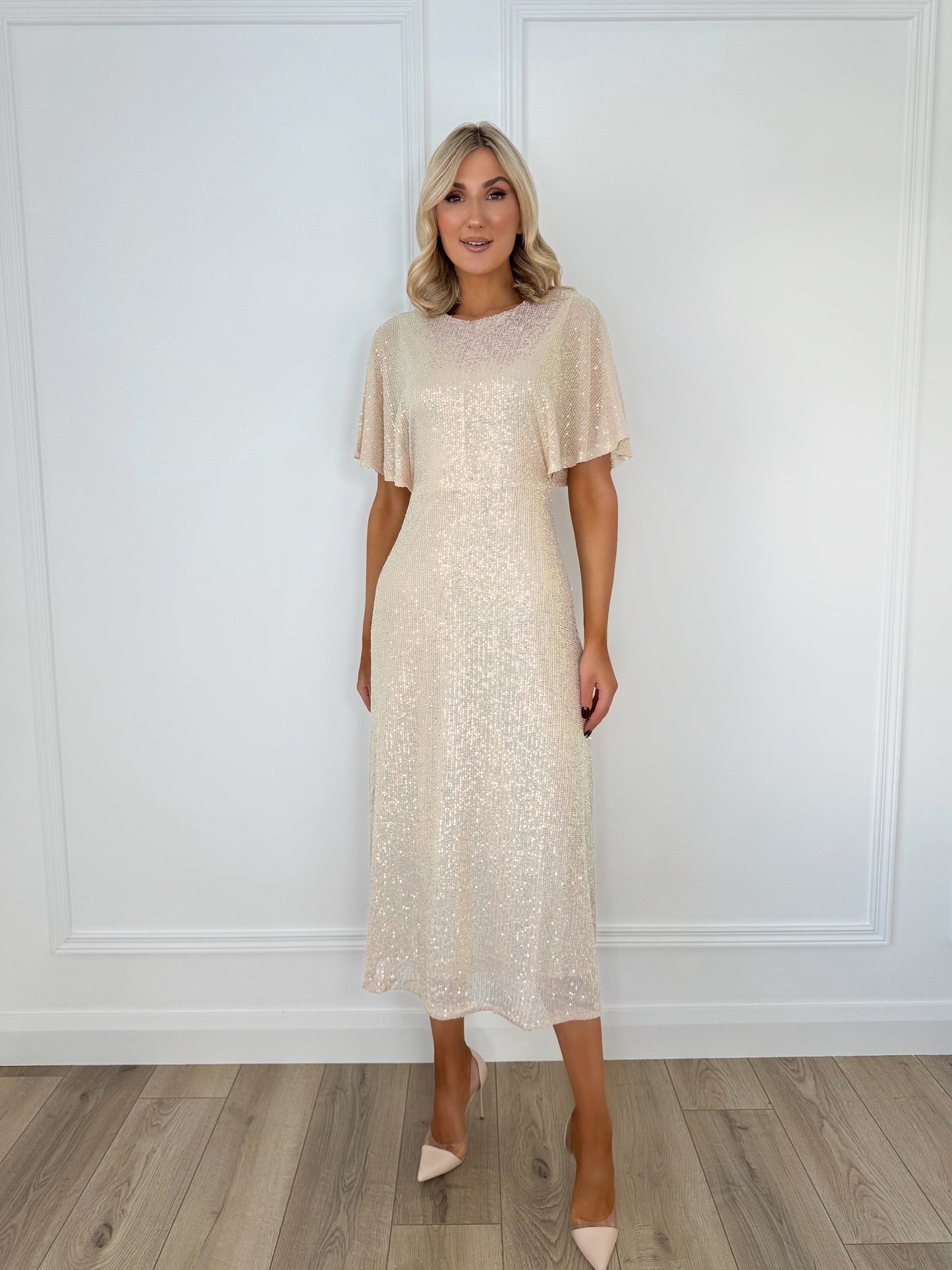 Sequin Open Back Midi Dress - Beige