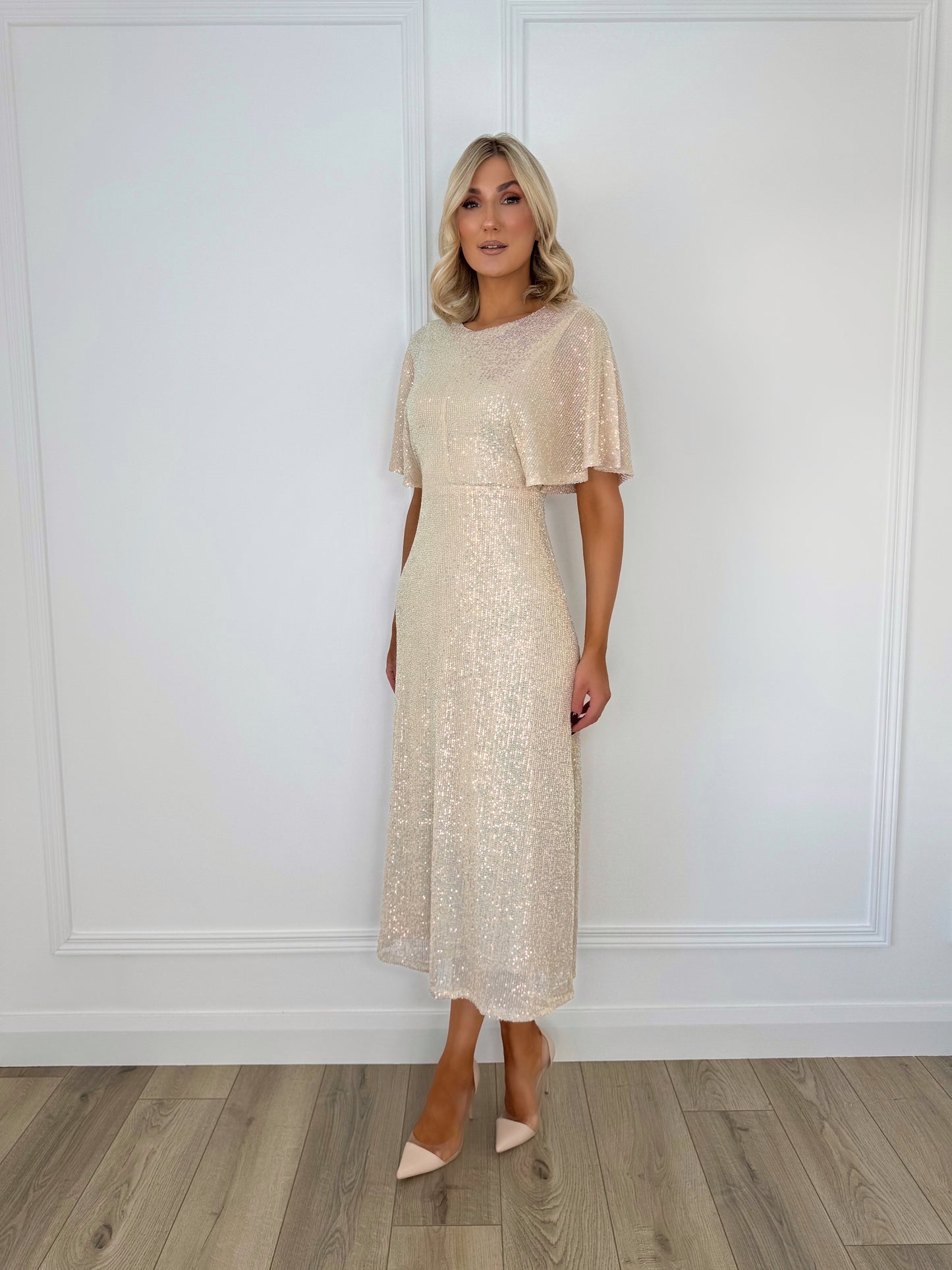 Sequin Open Back Midi Dress - Beige