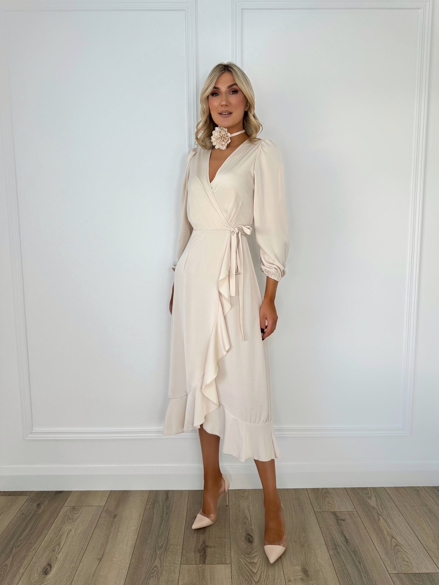 Fiona Flower Necklace Wrap Dress - Beige