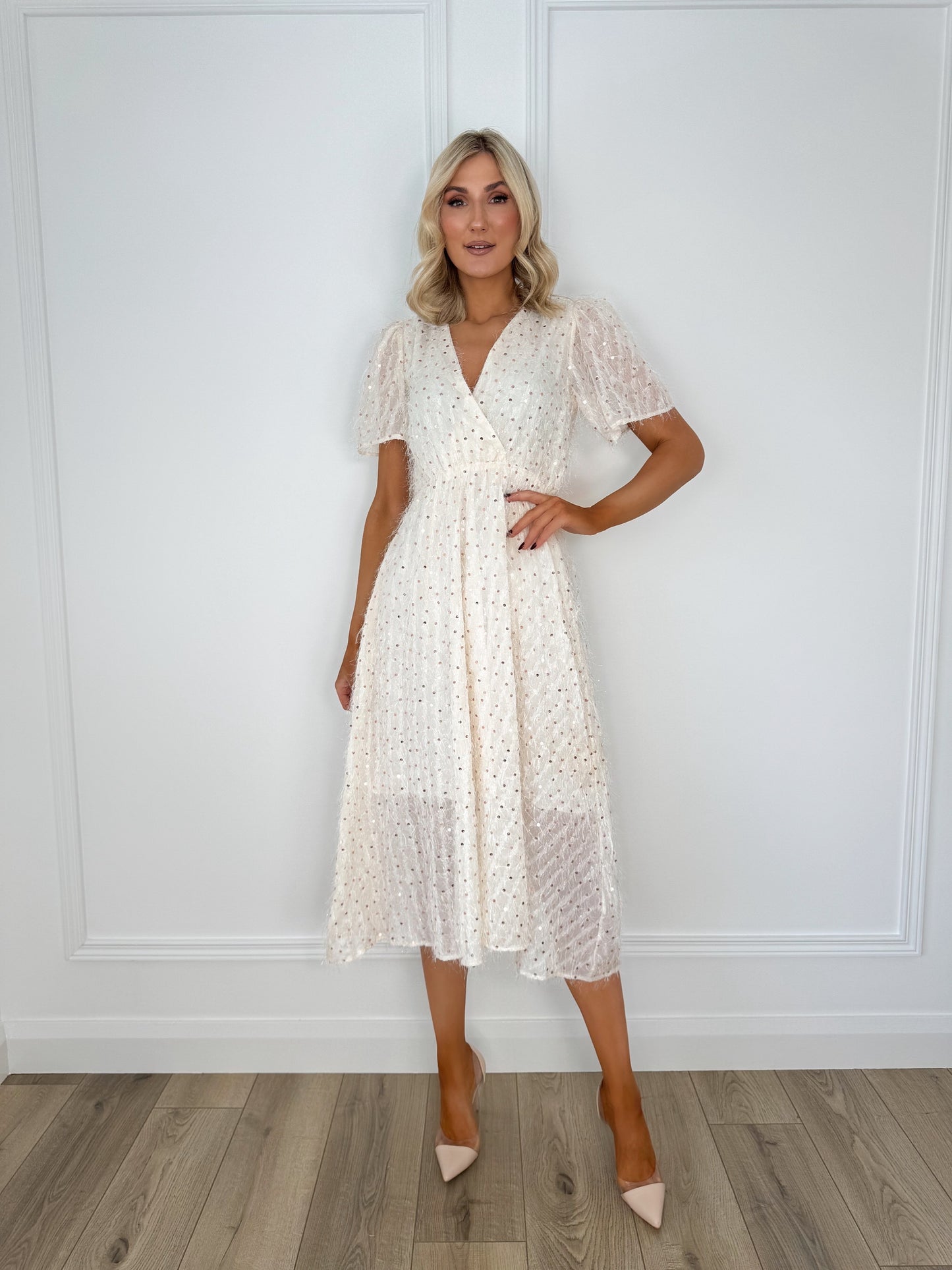 Cross Over Top with Short Sleeves Midi Sequin Dress - Beige