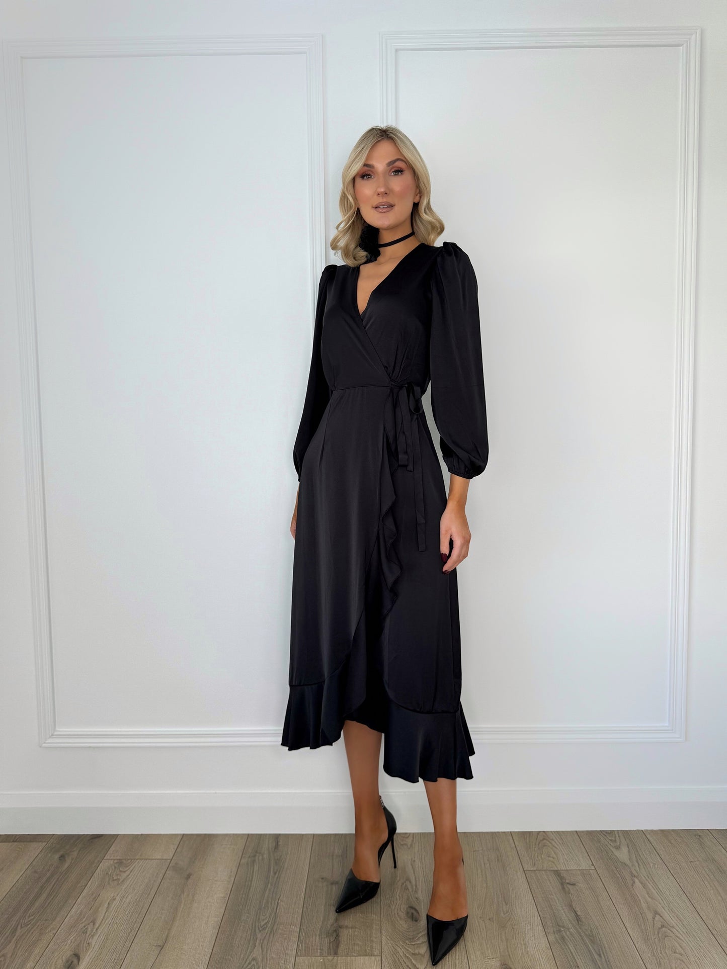 Fiona Flower Necklace Wrap Dress - Black