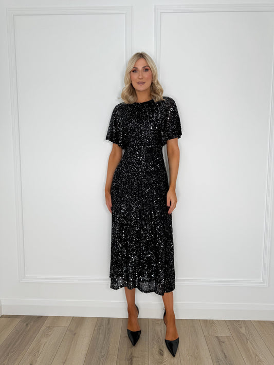 Sequin Open Back Midi Dress - Black
