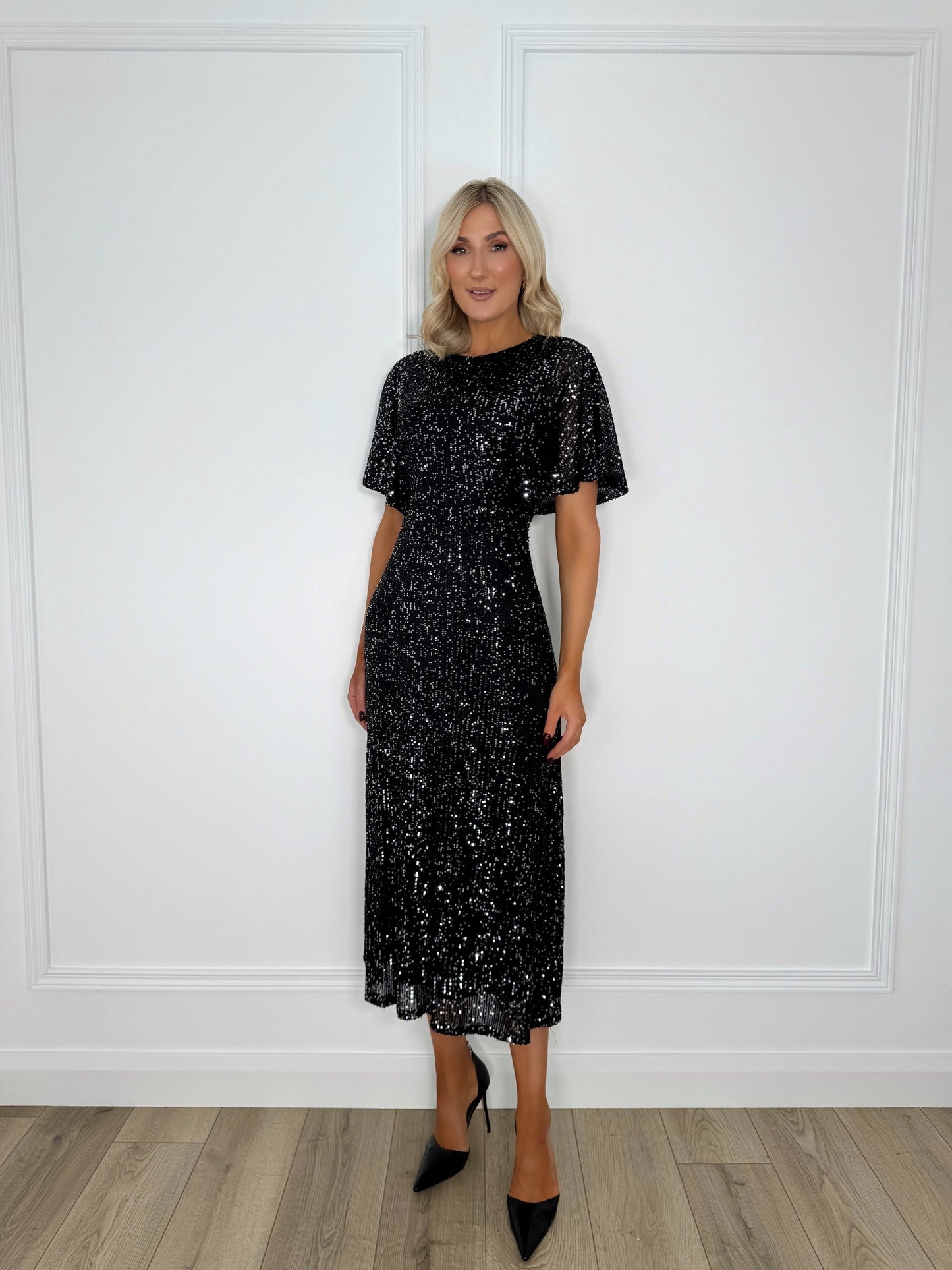 Sequin Open Back Midi Dress - Black