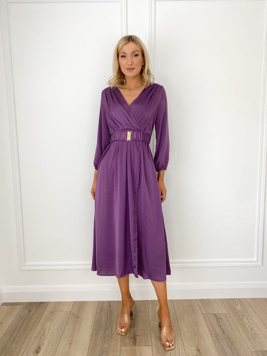Luna Belted Satin Dress - Purple